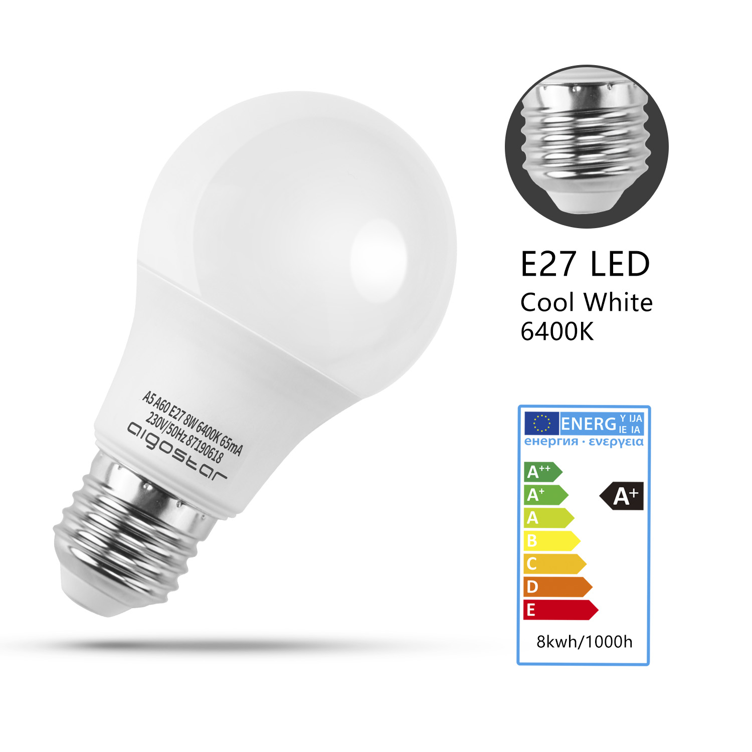 Una lampadina LED E27 bianca con etichetta energetica e specifiche.