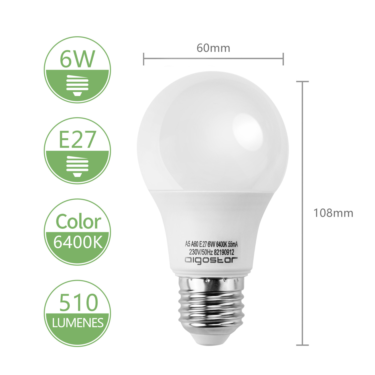 Biała żarówka z wymiarami i specyfikacjami. Tekst zawiera lumeny i temperaturę barwową.