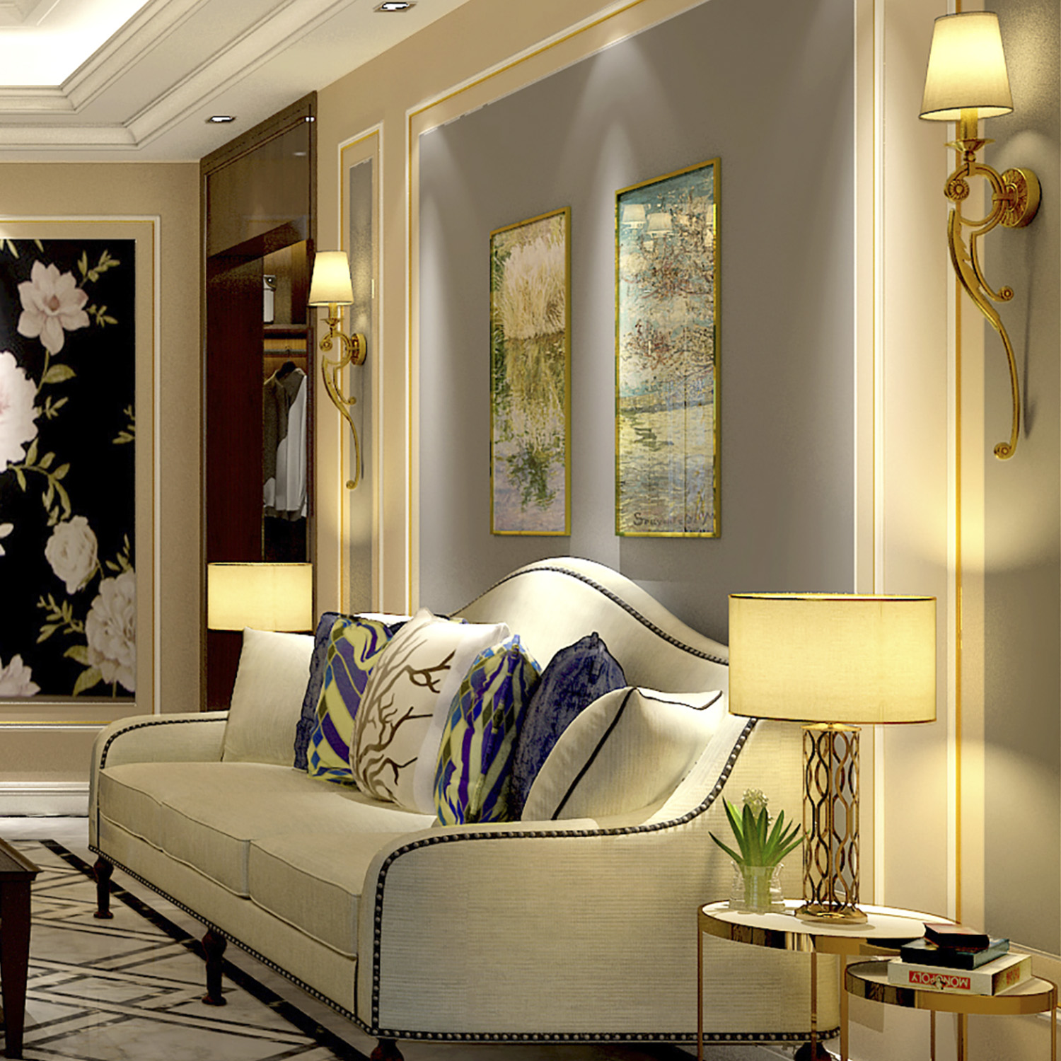 Scena d'interni. Divano, lampade, quadri e decorazioni. Tonalità beige e grigie.