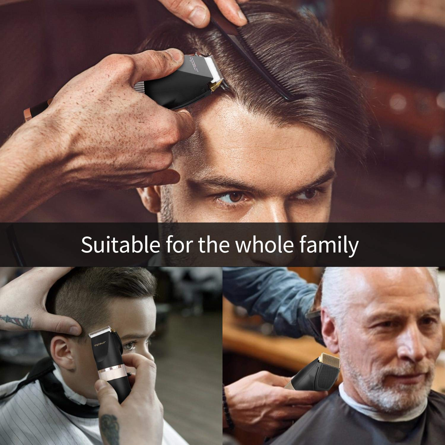 Persona che usa un tagliacapelli su un uomo. Anche altre persone si tagliano i capelli.