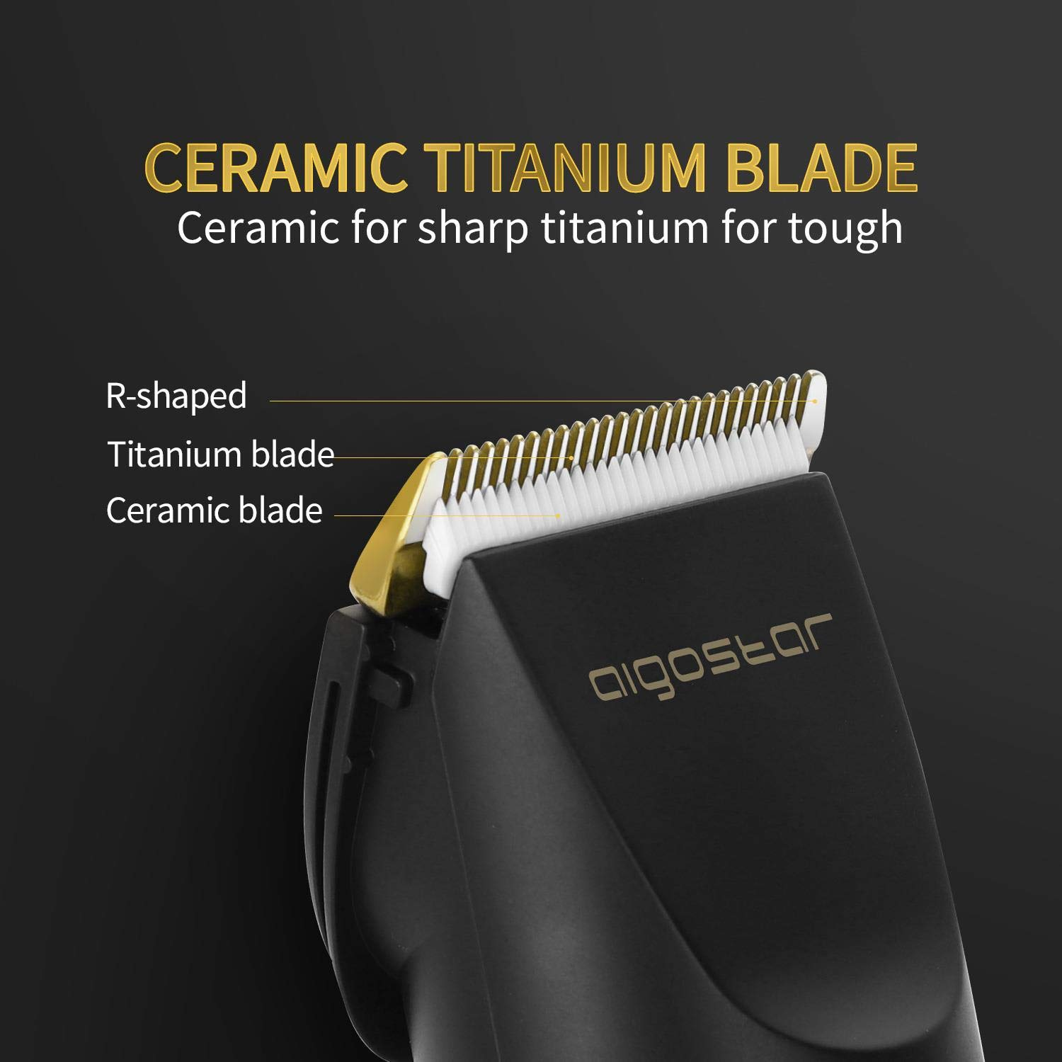 Primo piano di una lama del trimmer. Il testo evidenzia lame in ceramica e titanio.