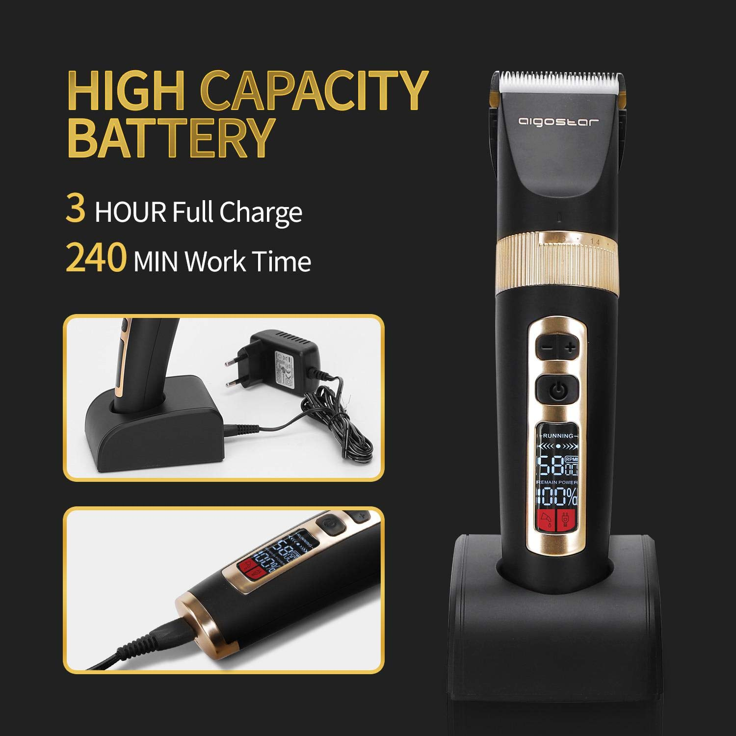 Tosatrice nera e oro. Display acceso. Base di ricarica nera. Testo: Batteria ad alta capacità, 240 min di lavoro.