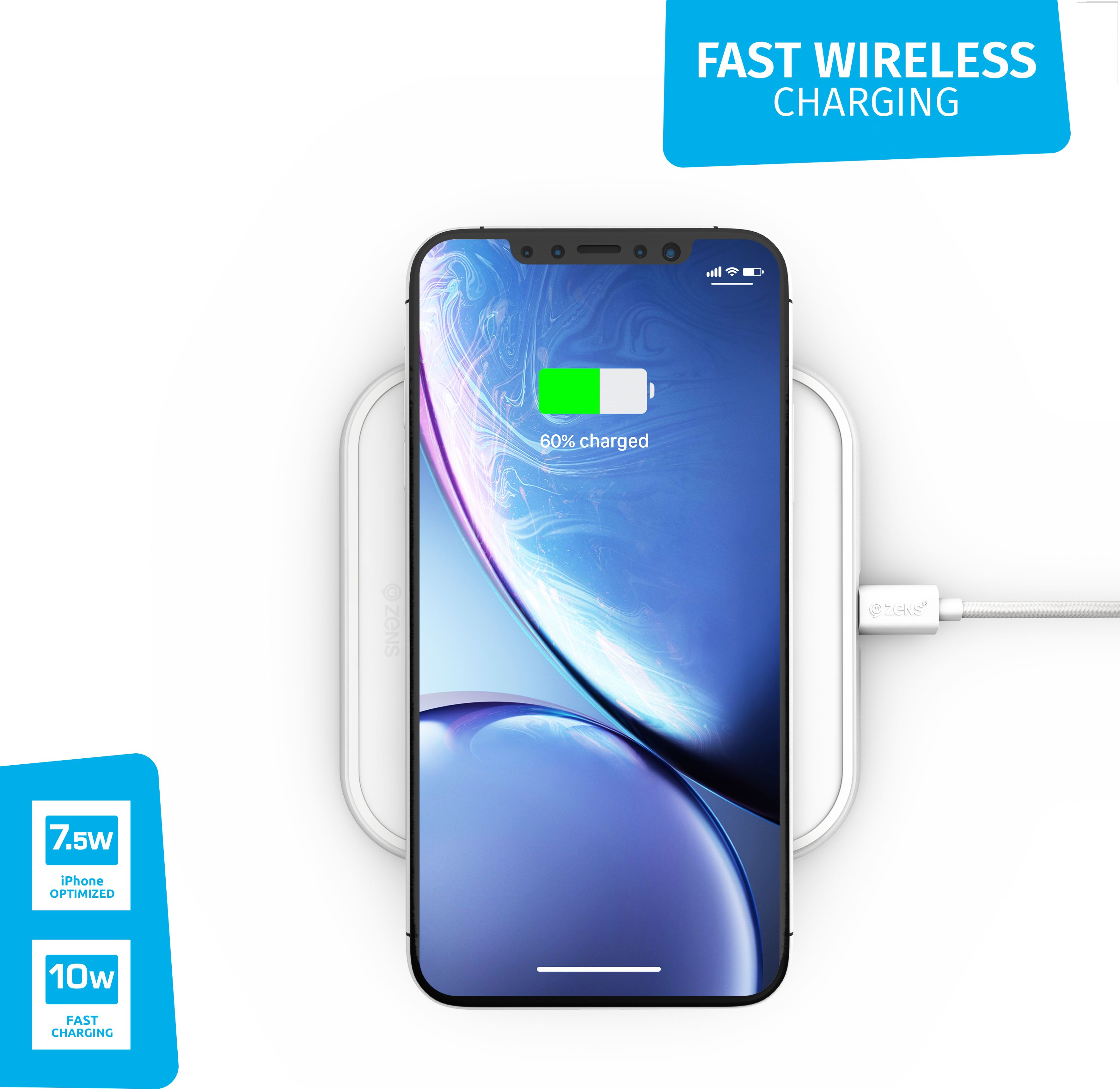 Ein Telefon auf einem weißen kabellosen Ladegerät. Das Telefon zeigt 60 % geladen an. Text: SCHNELLES DRAHTLOSES LADEN.