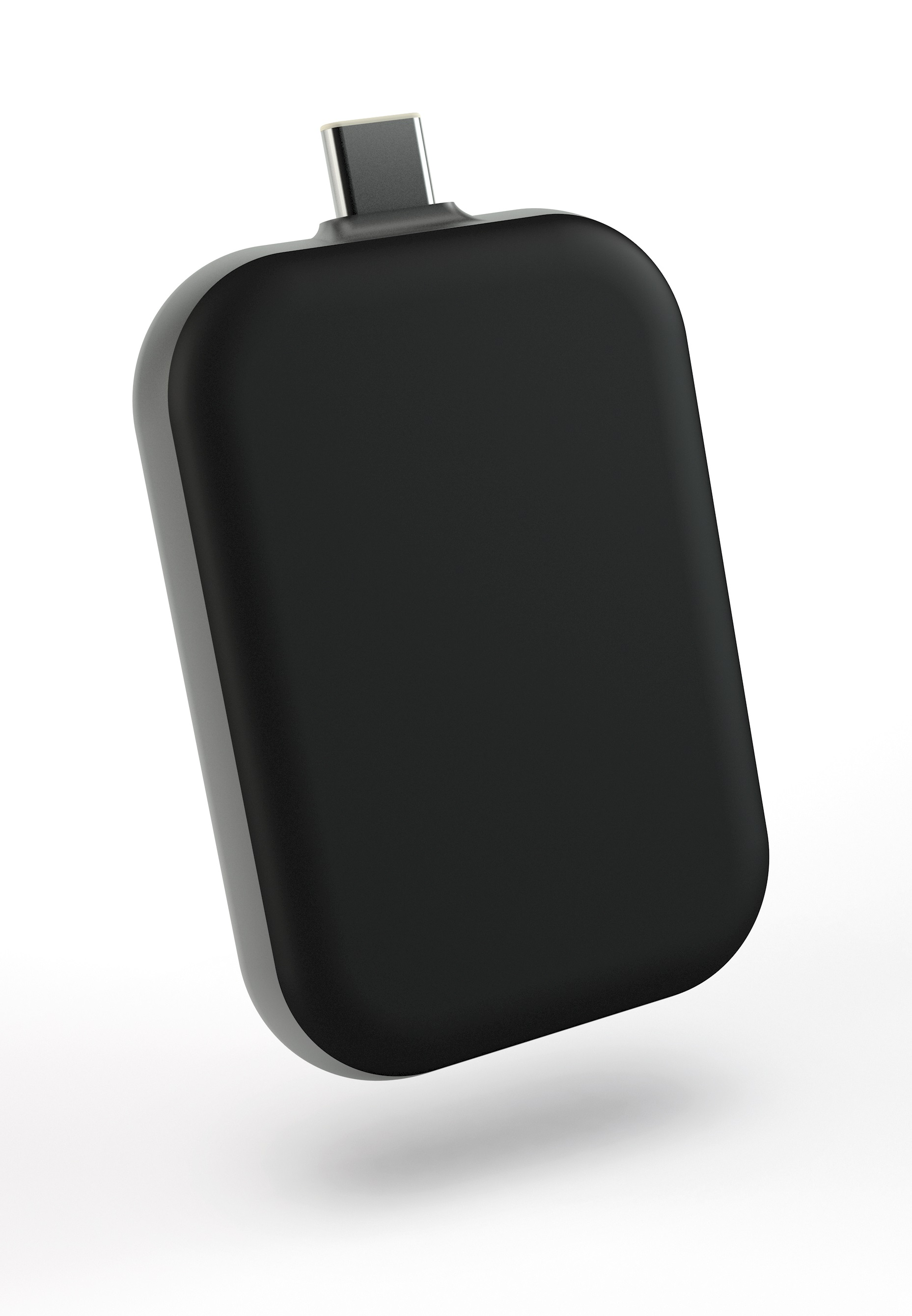Schwarzes und graues USB-C-Gerät. Es hat eine abgerundete Form und einen USB-C-Anschluss.