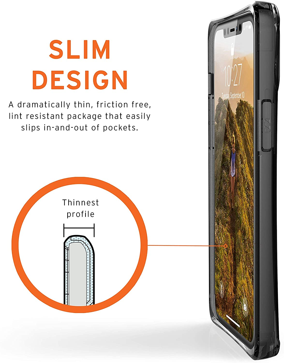 Ein Telefon in einer schwarzen Hülle wird gezeigt, mit einem Diagramm, das das dünne Profil der Hülle veranschaulicht, beschriftet mit "Schlankes Design".