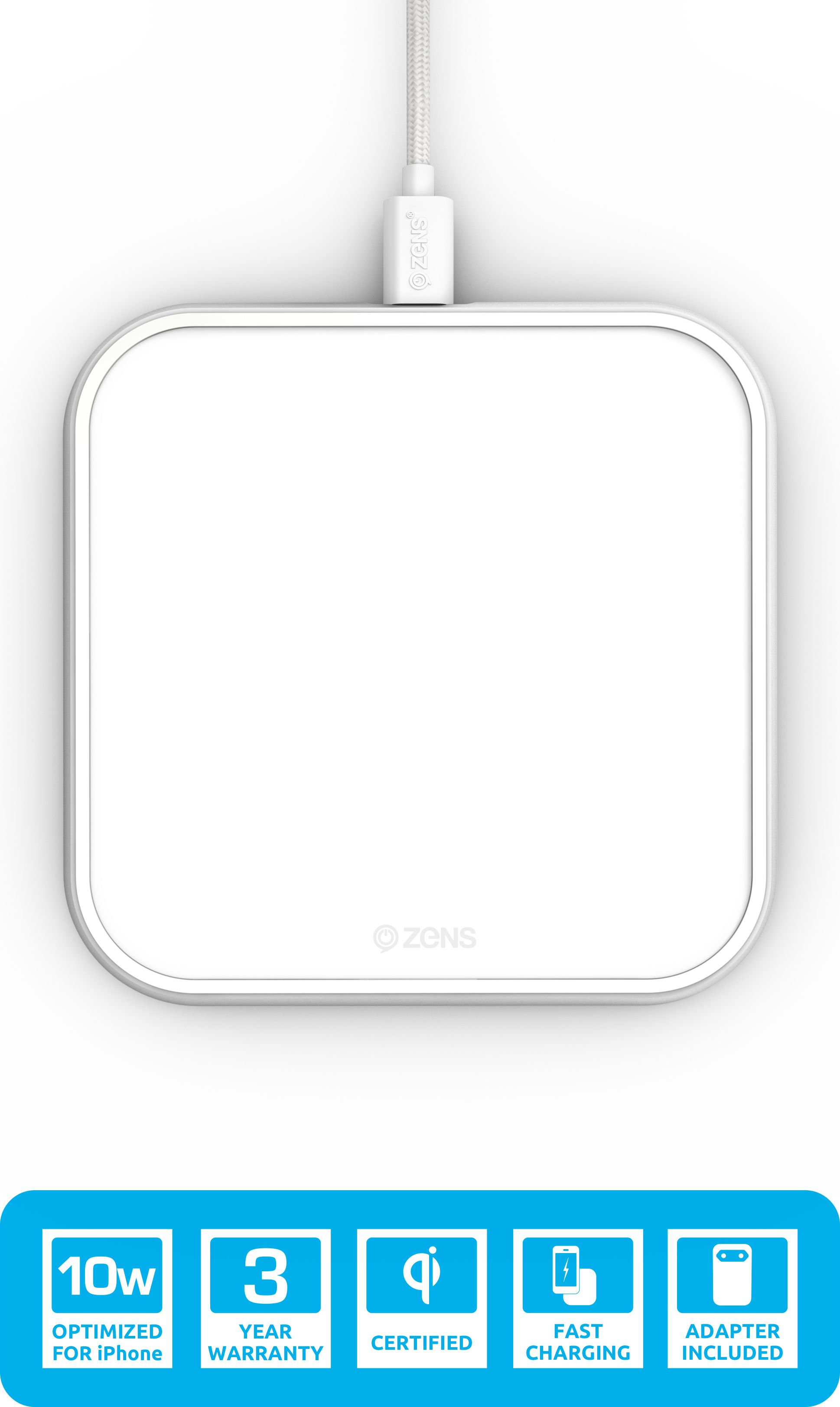 Ein weißes quadratisches kabelloses Ladegerät mit weißem Kabel und blauem Werbebanner.