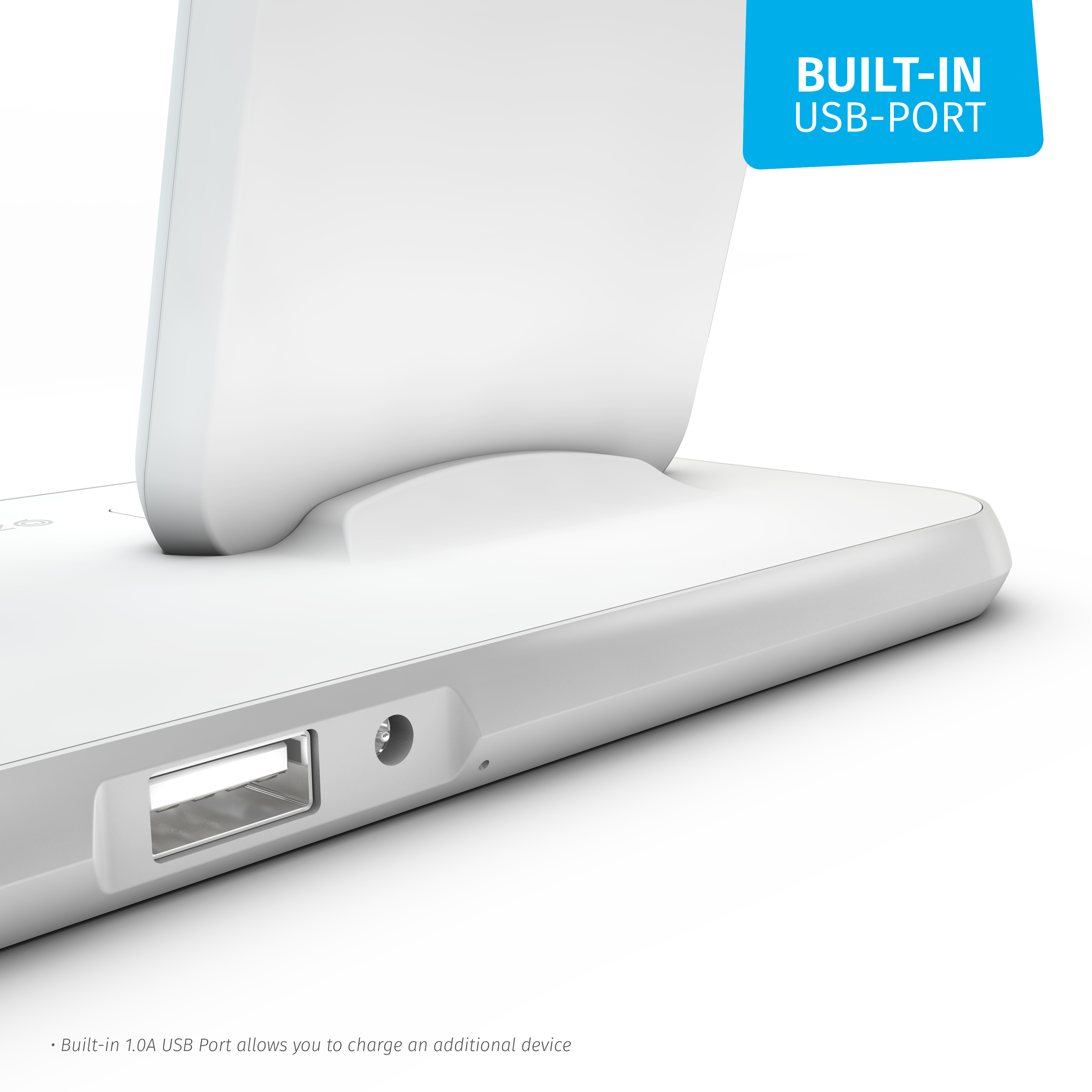 Weiße Ladestation mit integriertem USB-Anschluss und Text Built-in USB-Port.