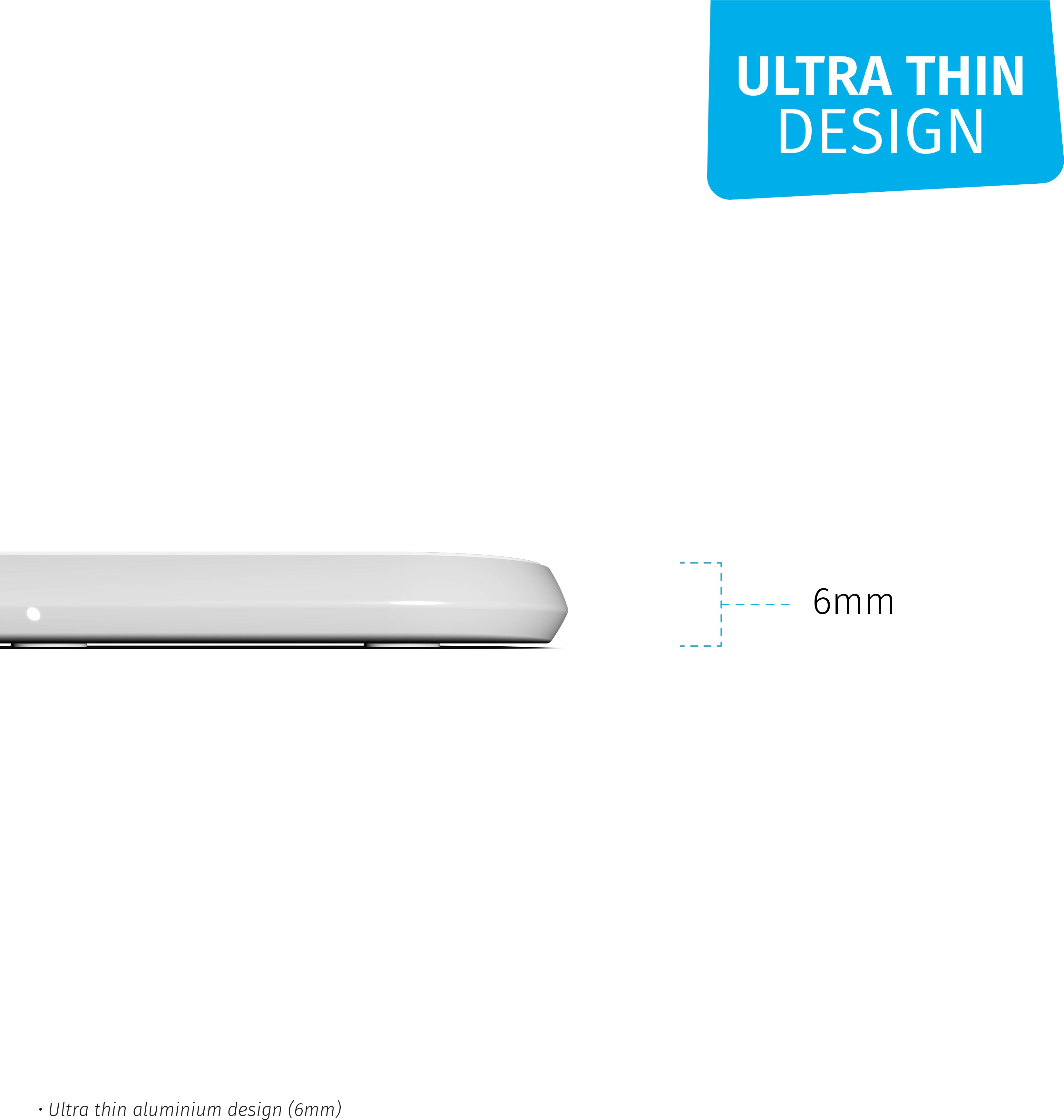 Seitenansicht eines weißen, rechteckigen Objekts, das 6 mm dick ist, Text "ULTRA THIN DESIGN".