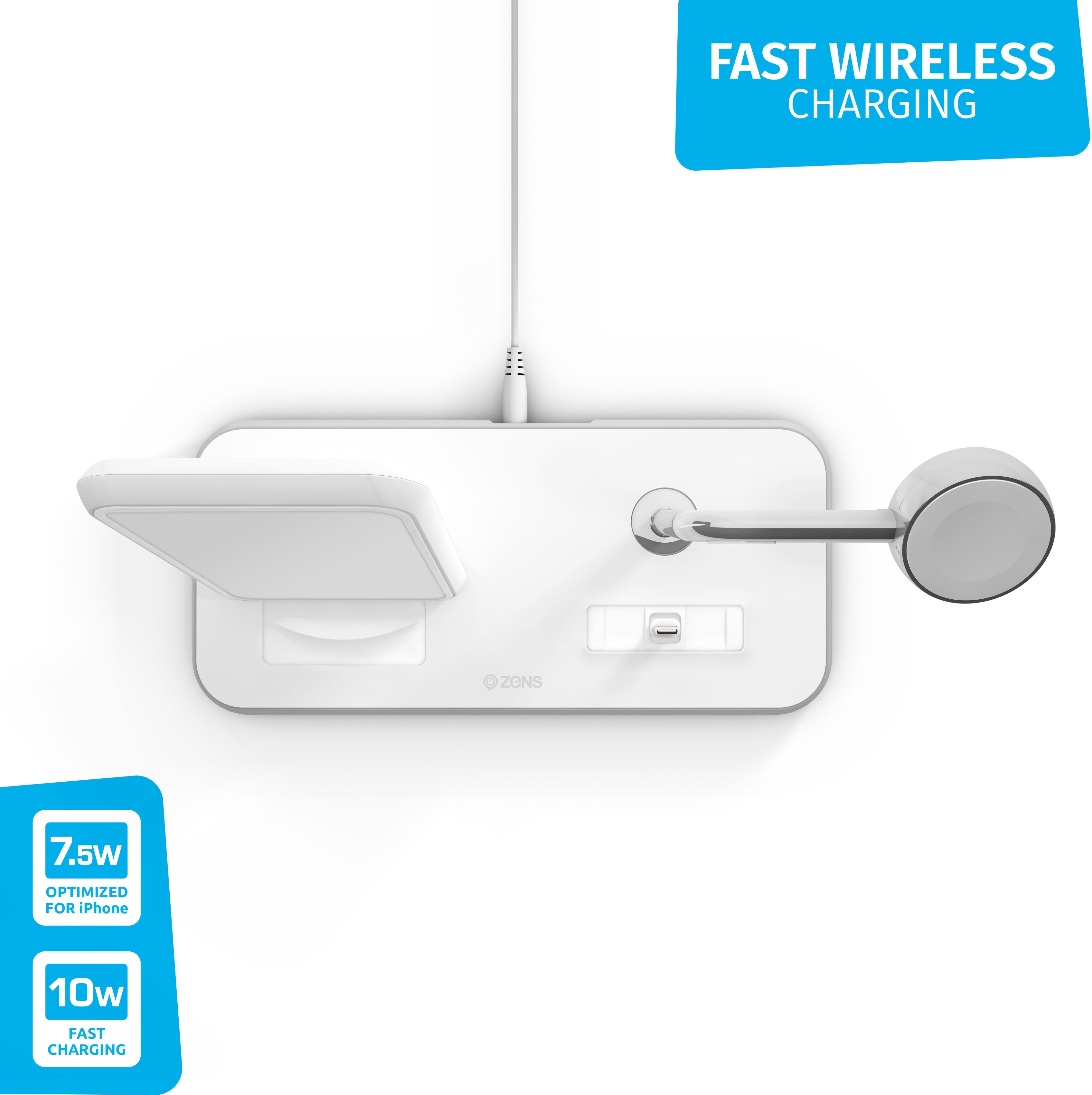 Weißes kabelloses Ladegerät. Hat ein Ladepad und ein Uhrenladegerät. Blaue Etiketten sagen 'Fast Wireless Charging'.