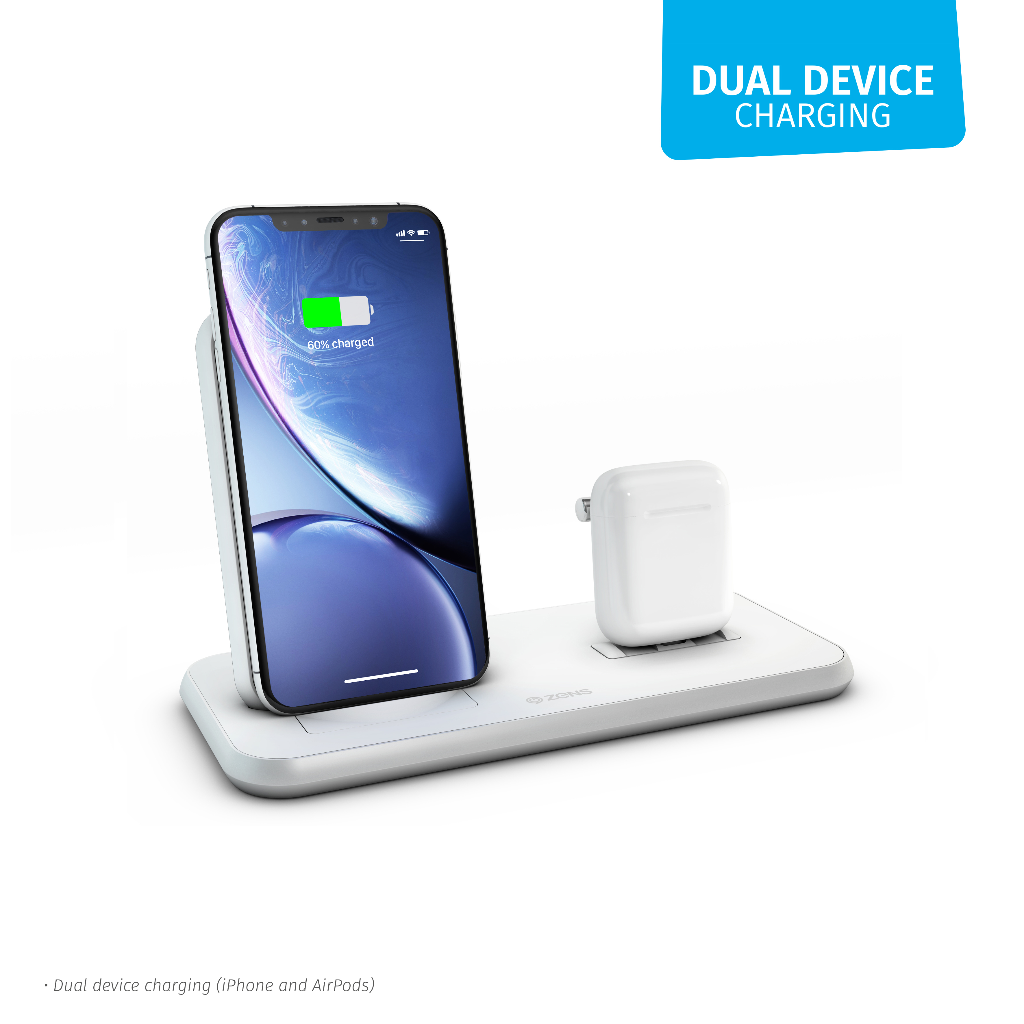 Ein Telefon wird auf einer Ladestation aufgeladen. Auch ein Airpod-Etui befindet sich auf der Basis. Text sagt Dual-Laden.