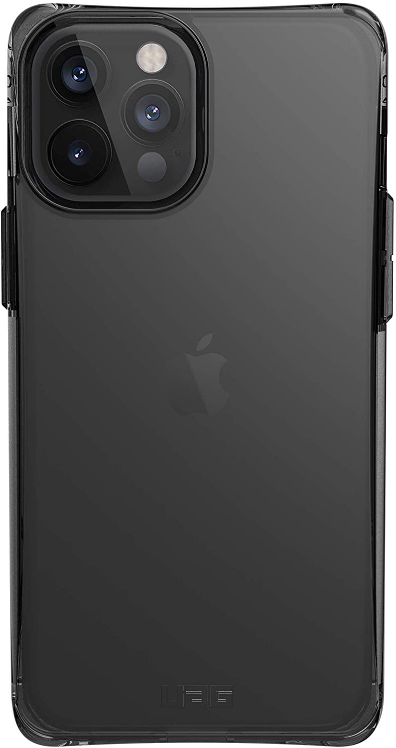 Schwarze Handyhülle auf einem Telefon. Die Hülle hat das Apple-Logo auf der Rückseite.