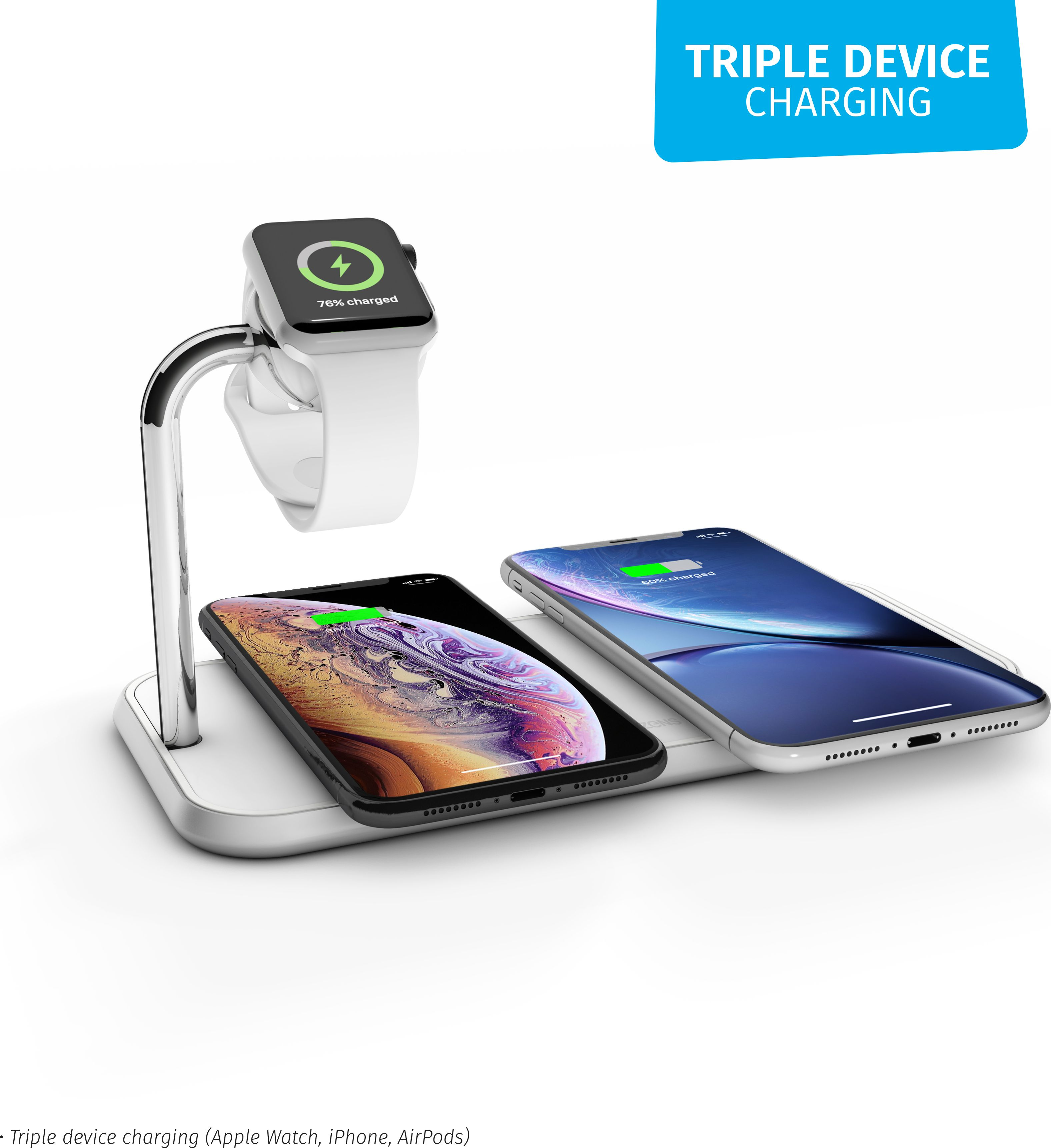 Kabellose Ladestation mit drei Geräten: Apple Watch, iPhone und ein weiteres Handy.