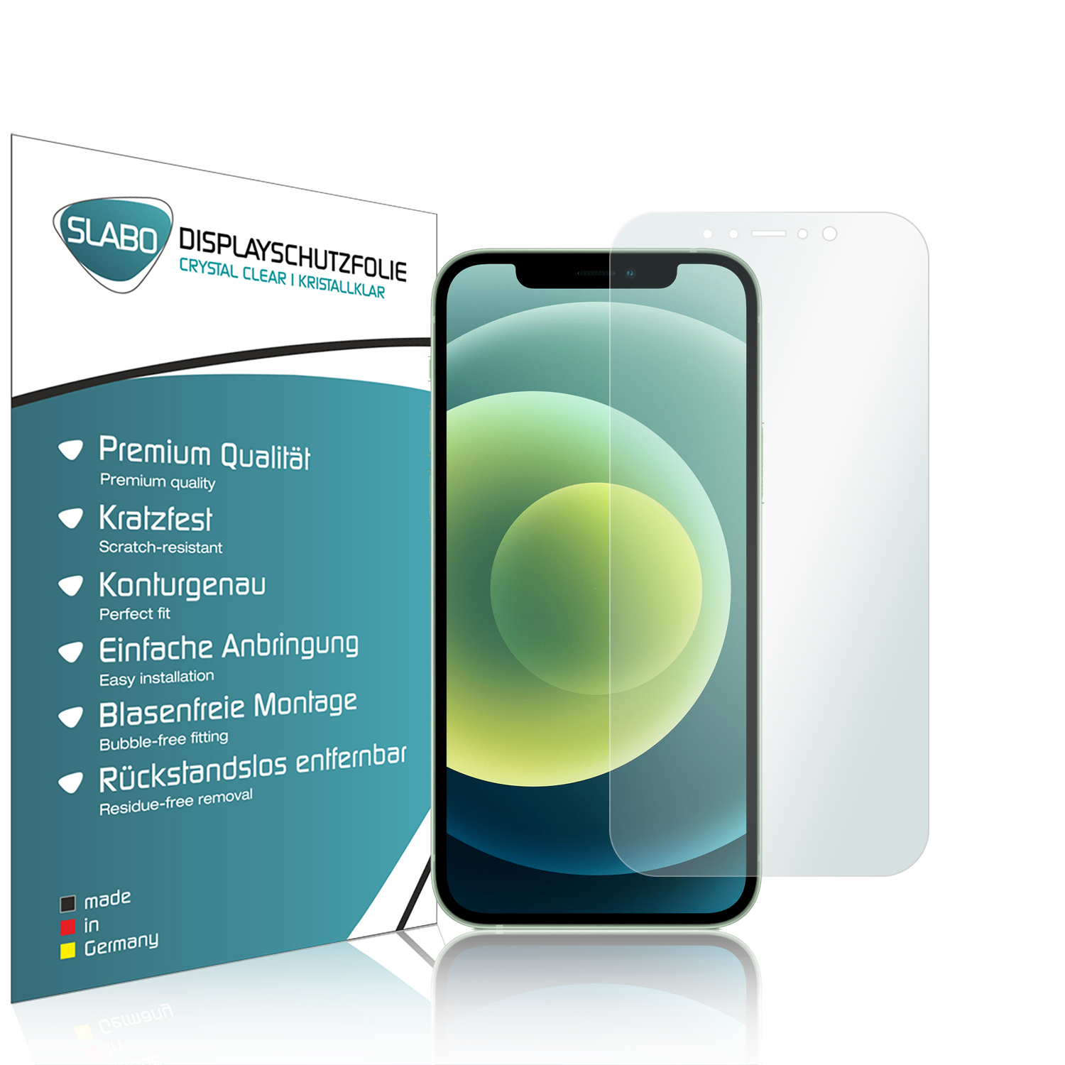 Displayschutzfolie, Telefon und Produktbeschreibung auf weißem Hintergrund.