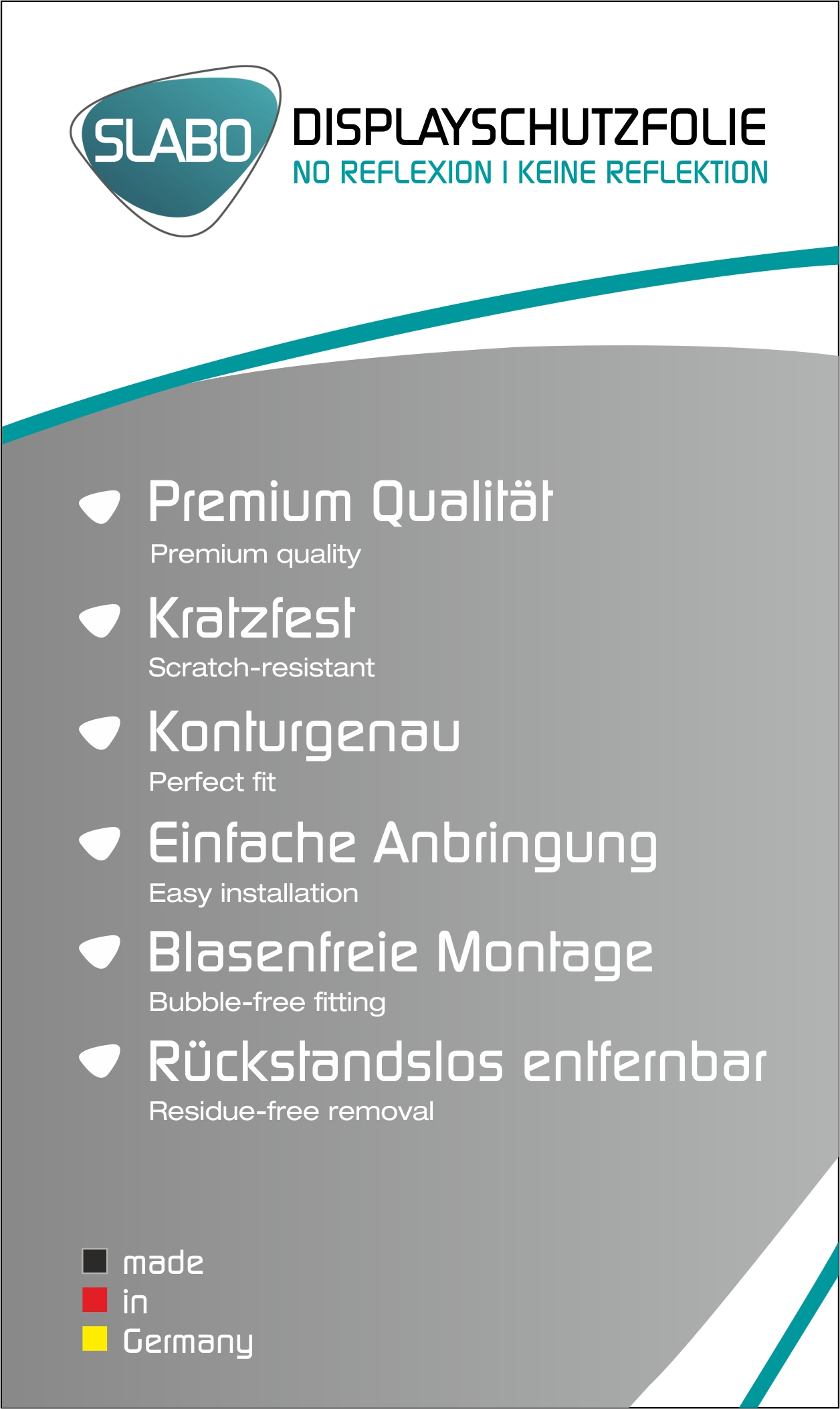 Eine Produktwerbung für eine Displayschutzfolie mit Text auf Deutsch.
