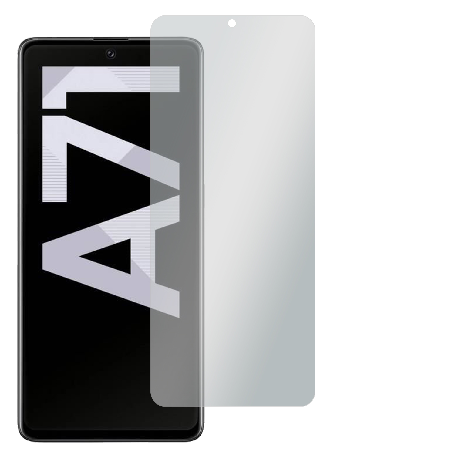 Smartphone mit aufgebrachter Displayschutzfolie. Der Bildschirm zeigt das A71-Logo. Weißer Hintergrund.