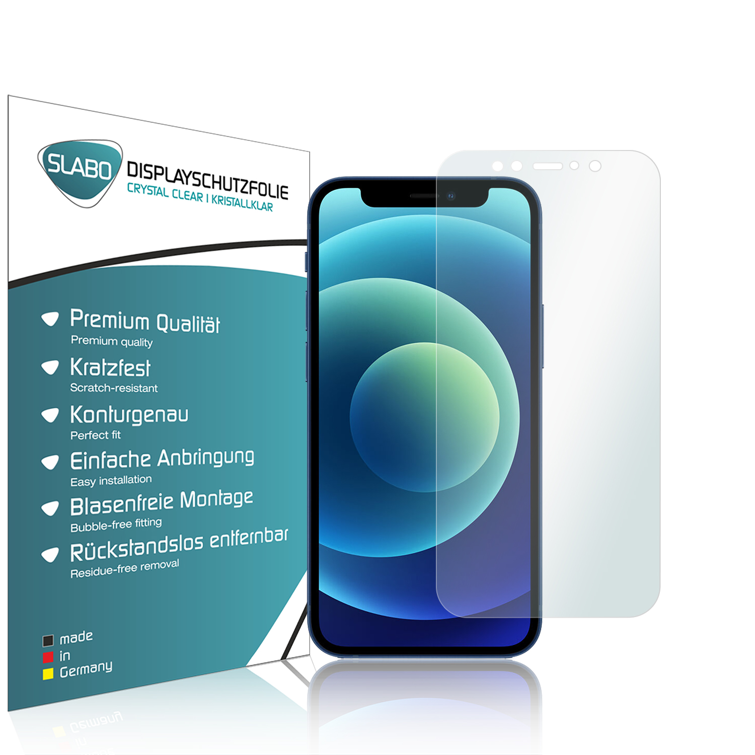 Displayschutzfolie mit Telefon. Texte: Premium Qualität, kratzfest, einfache Montage usw.