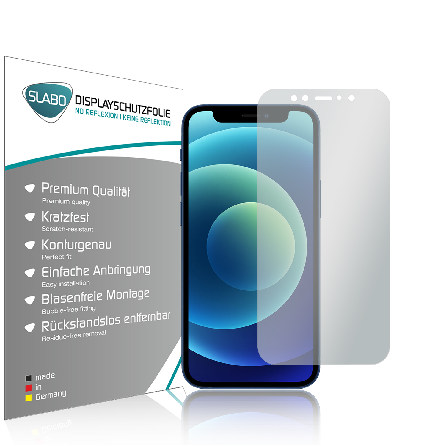 Telefon mit Displayschutzfolie und Verpackung. Die Hülle ist transparent.