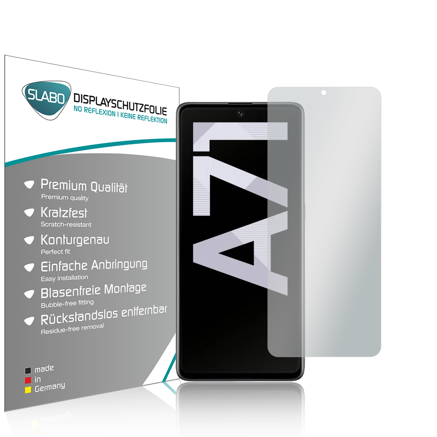 Displayschutzfolie für Smartphones mit Box. Text enthält: Premium-Qualität und einfache Installation.