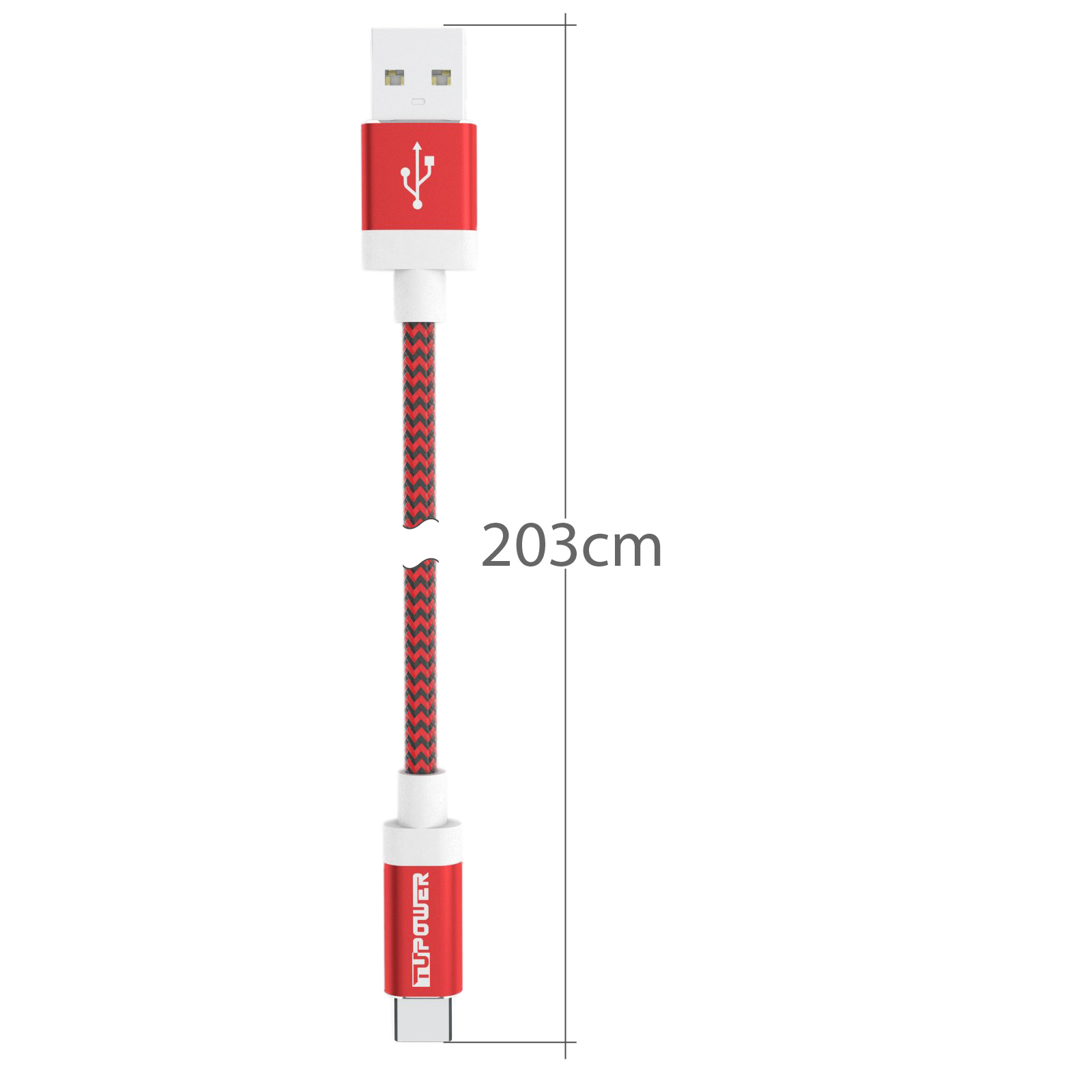 Rotes und schwarzes USB-Kabel, beschriftet 'TUPGUER', mit einer Länge von 203 cm. Das Kabel liegt neben der Messung.