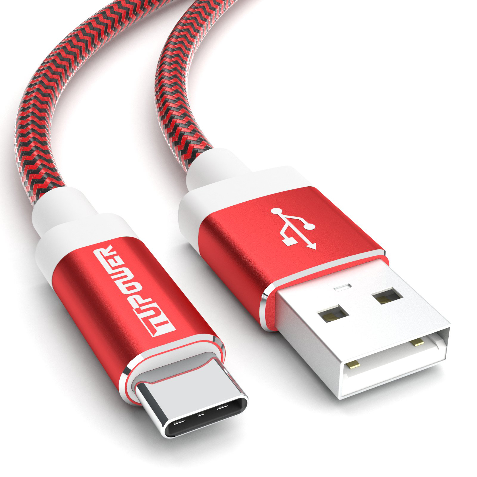 Rotes und schwarzes USB-C-Kabel mit weißen Steckern. Das Kabel hat ein rot-schwarzes Muster.