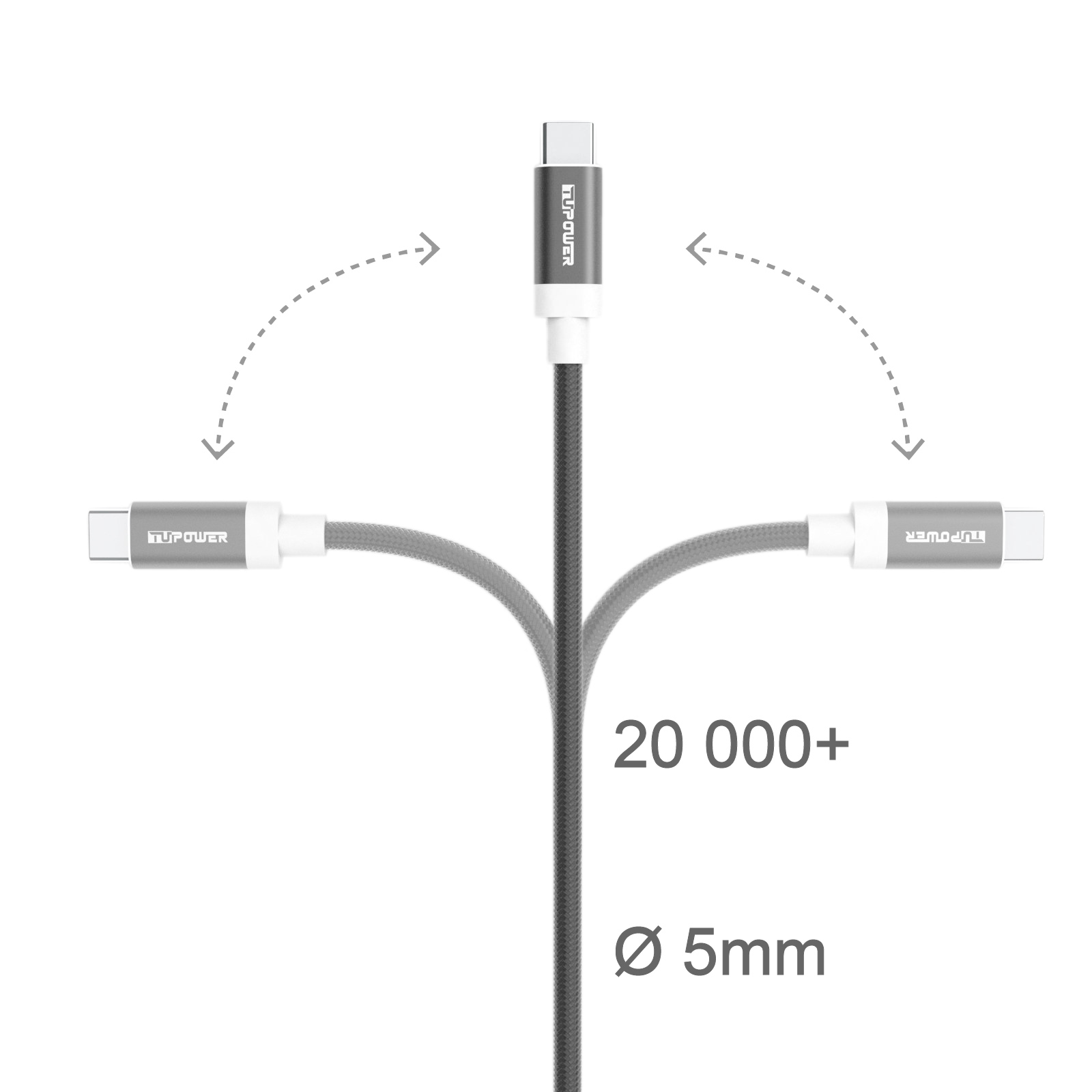 Ein graues und weißes Kabel mit drei Enden, zwei für das Telefon und eines für die Stromquelle.