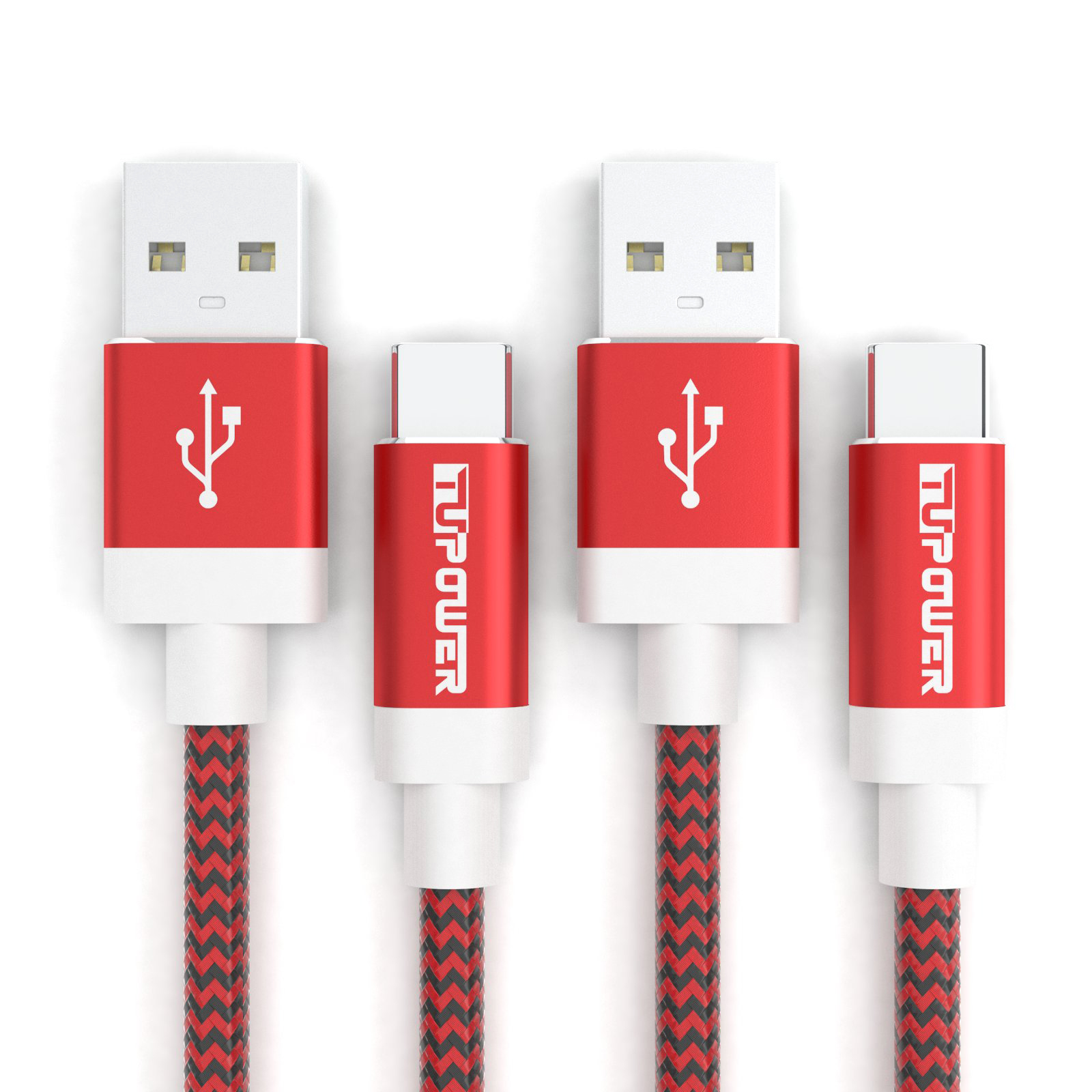 Vier USB-Kabel mit rot-schwarzem geflochtenem Muster und weißen Steckern.