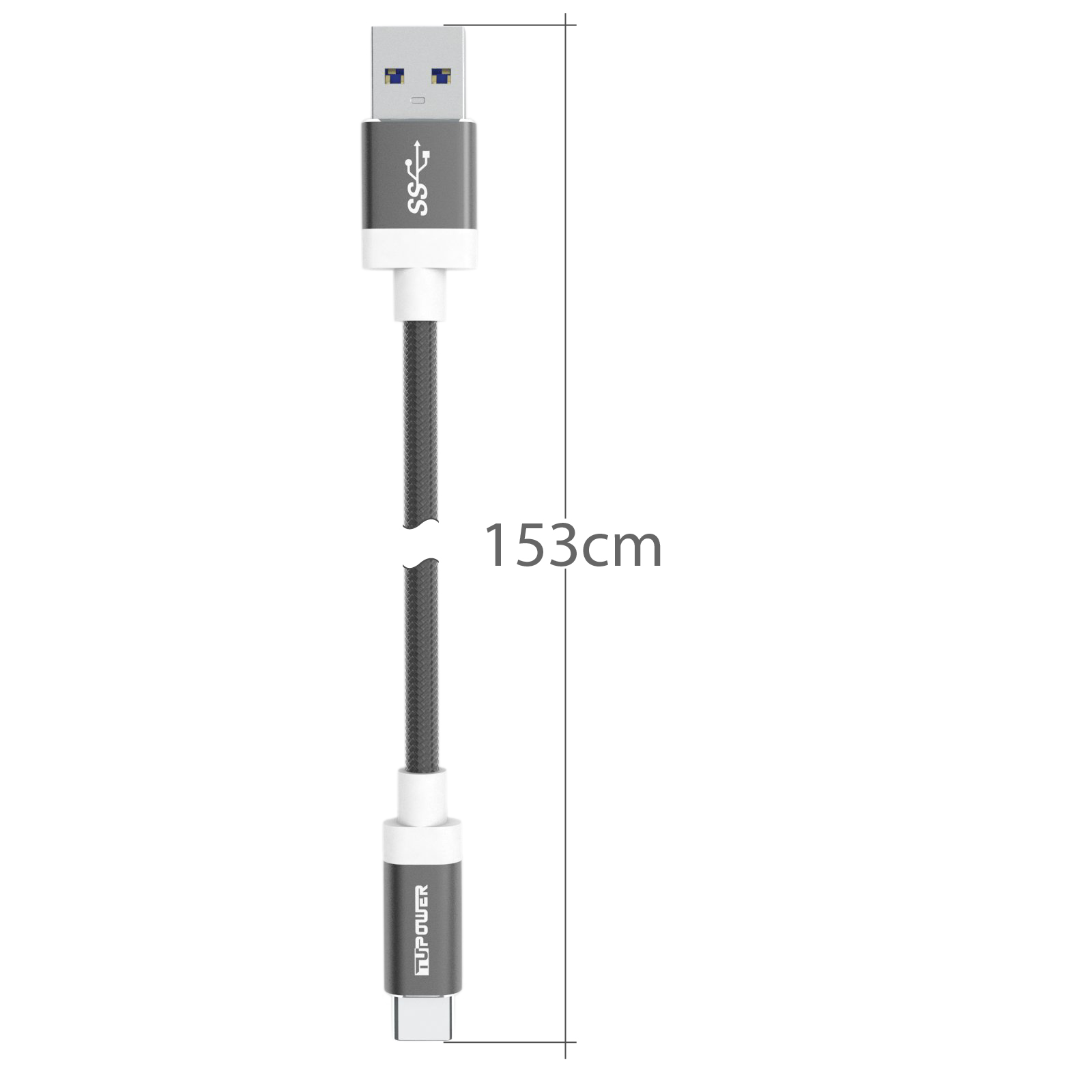 USB-zu-USB-C-Kabel. Weiße und graue Farben. Das Maß beträgt 153 cm.
