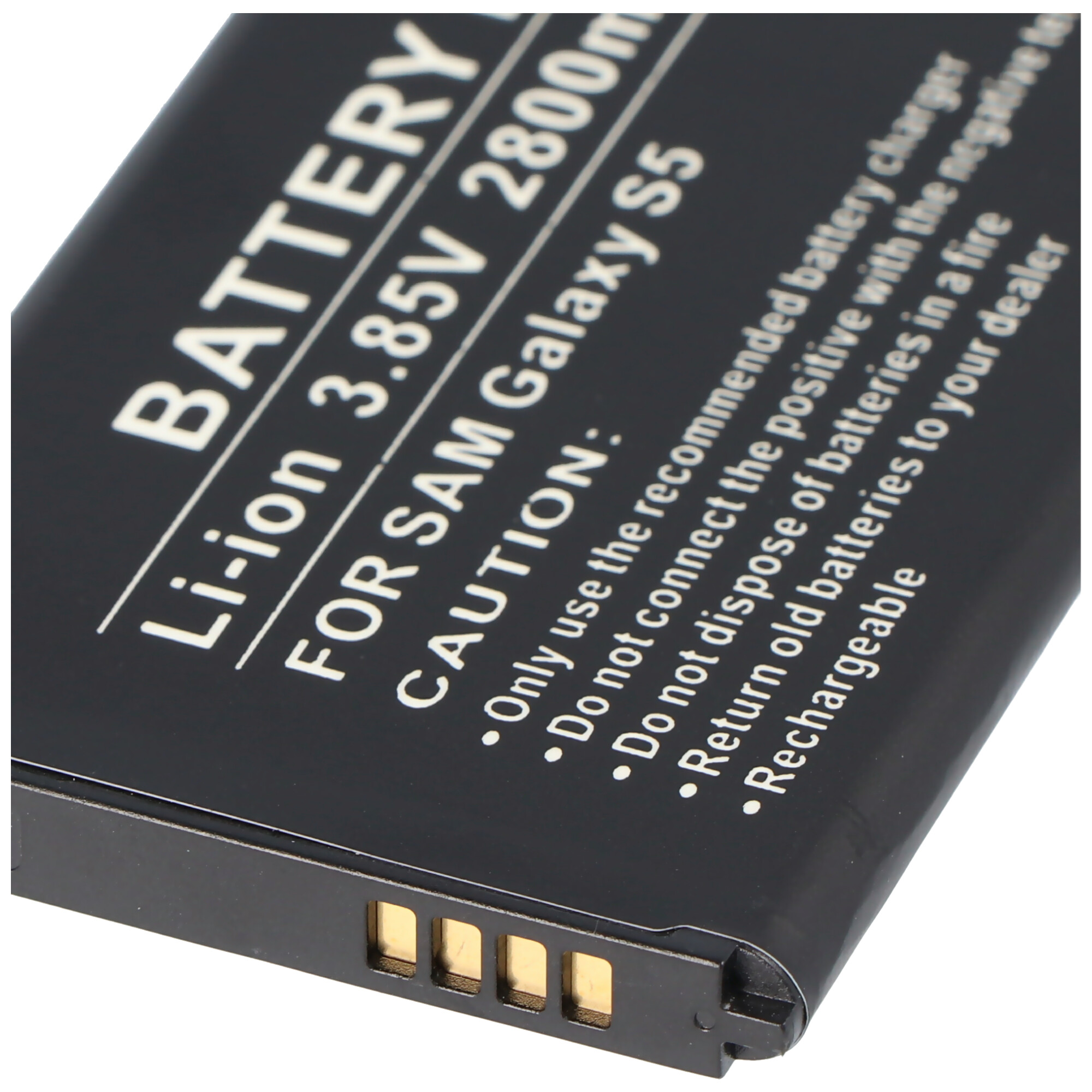 Schwarzer Akku mit Text: Li-ion 3,85V 2800mAh für Samsung Galaxy S5. Vorsichtshinweise.