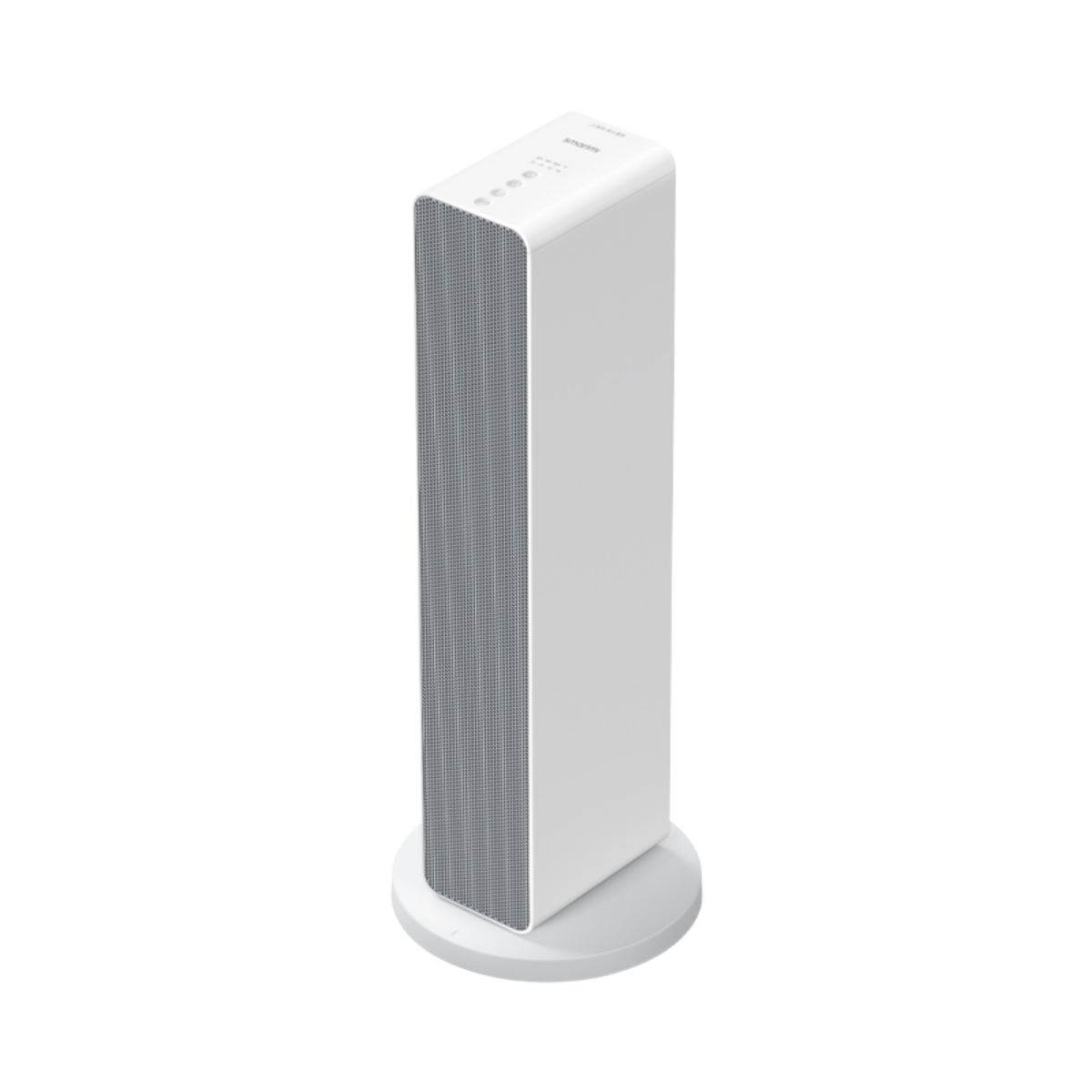 Ein weißer, hoher, rechteckiger Luftreiniger mit silbernem Mesh-Frontpanel. Er steht auf einem weißen kreisförmigen Sockel.