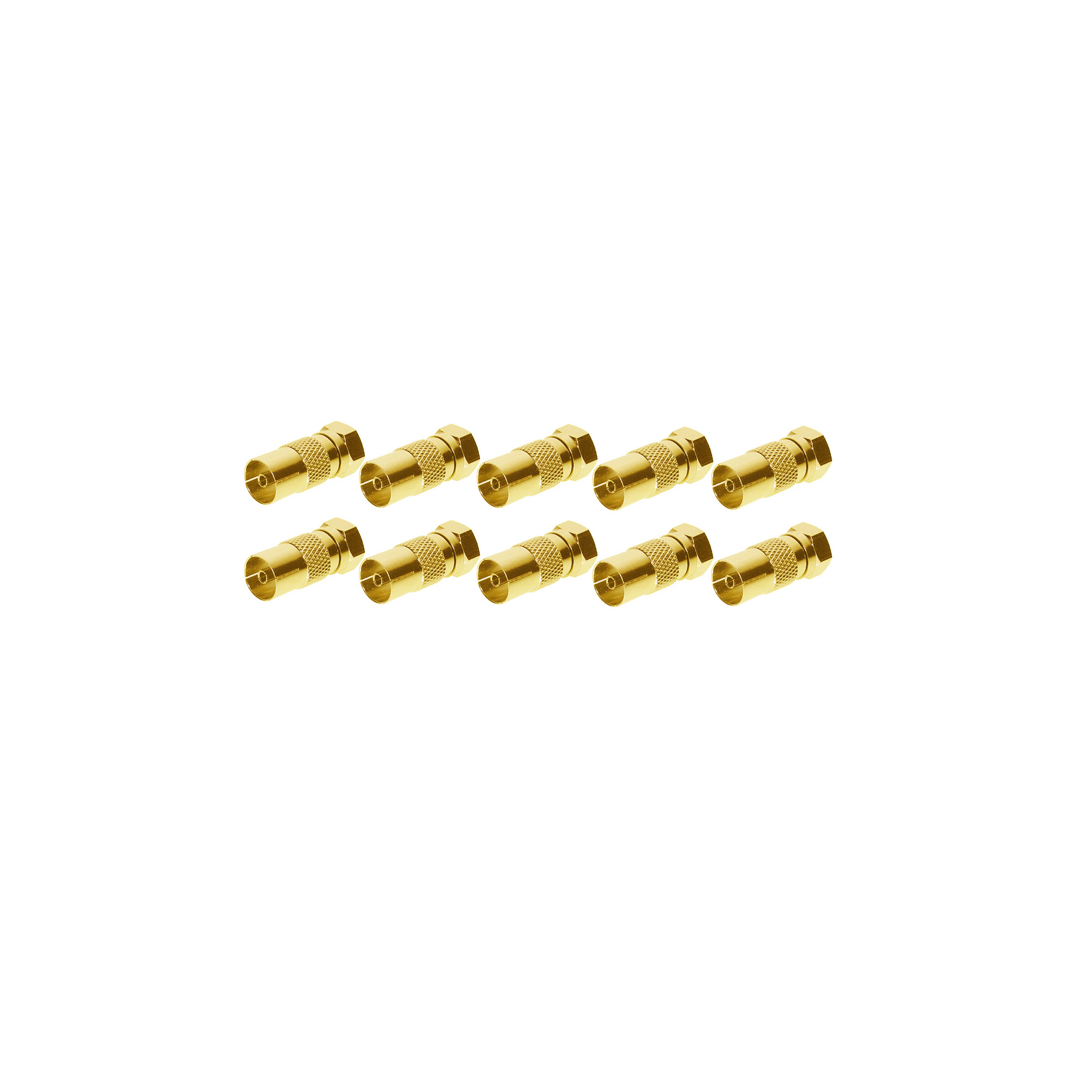 Zehn goldfarbene Koaxialkabelstecker auf weißem Hintergrund angeordnet.