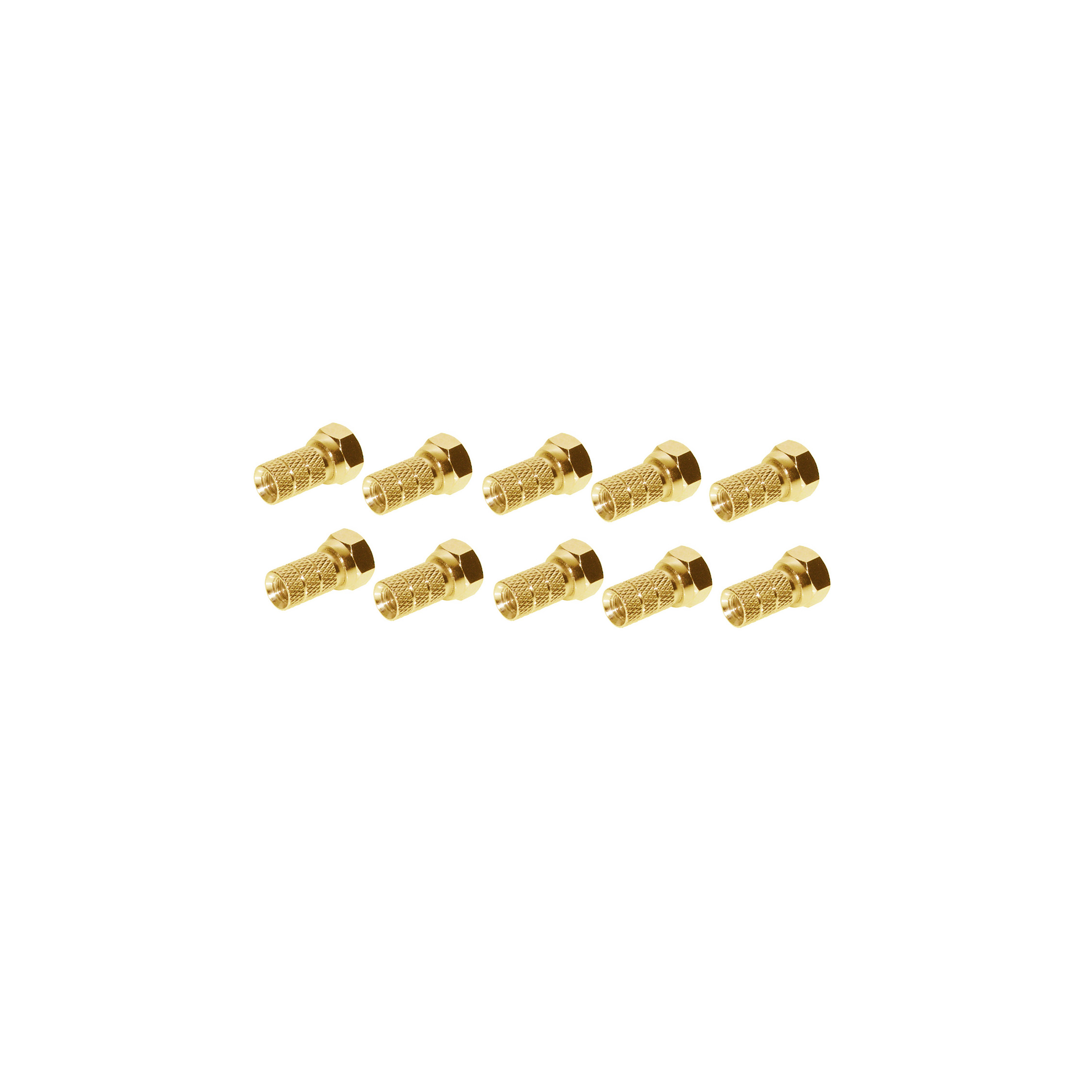 Zehn goldene F-Stecker. Weißer Hintergrund.