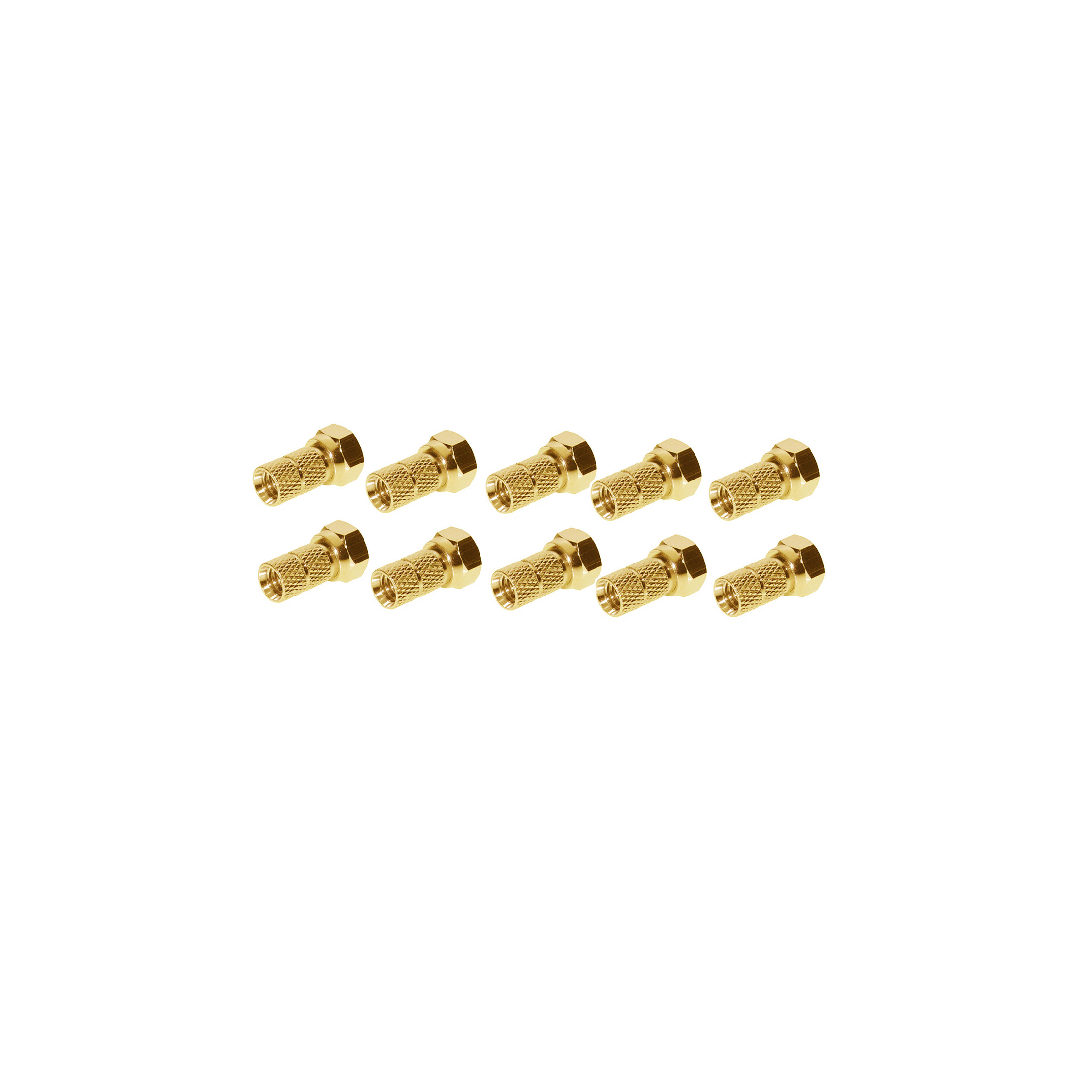 Goldener F-Stecker-Satz auf weißem Hintergrund. Es sind 10 Stecker sichtbar.