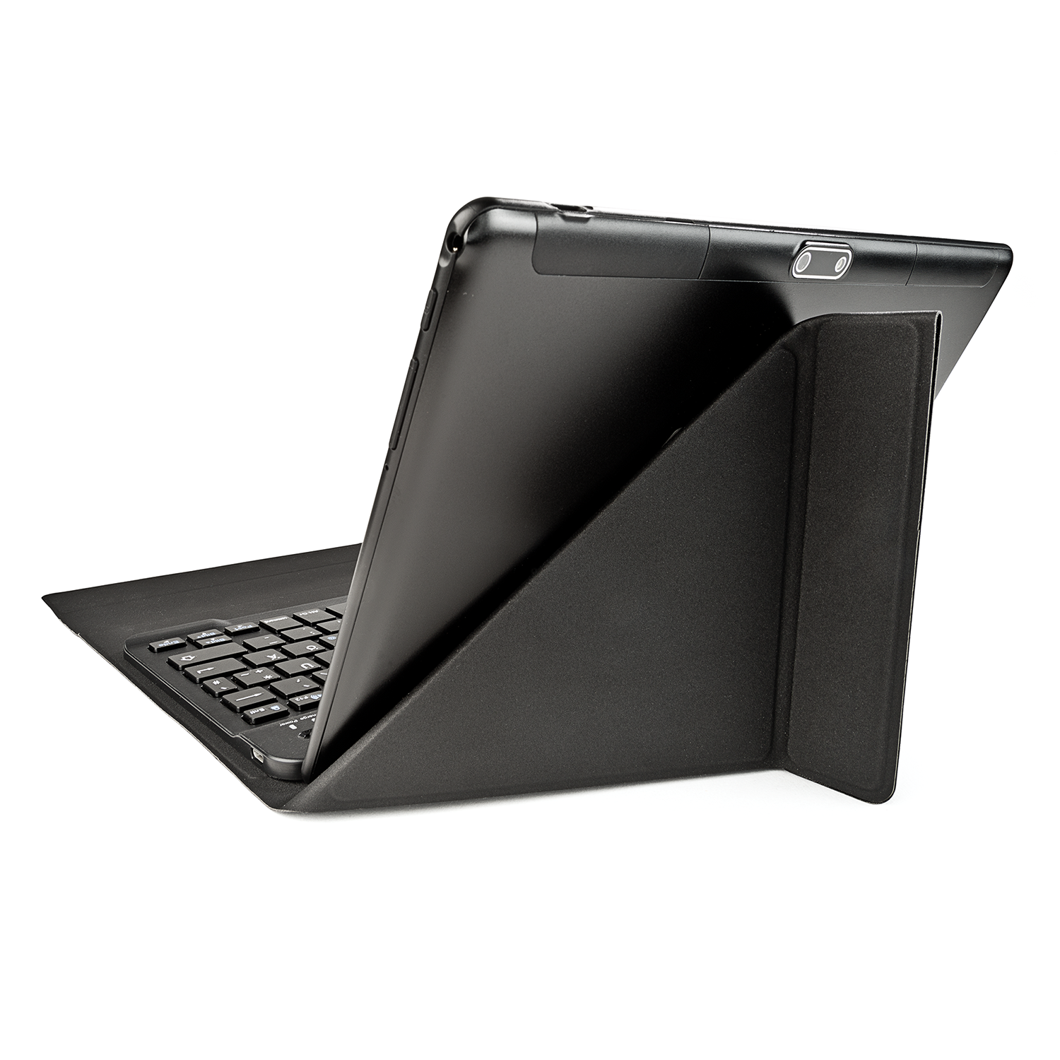 Schwarzes Tablet mit Tastaturhülle, angewinkelt geöffnet. Tastatur ist sichtbar. Hülle stützt Tablet.