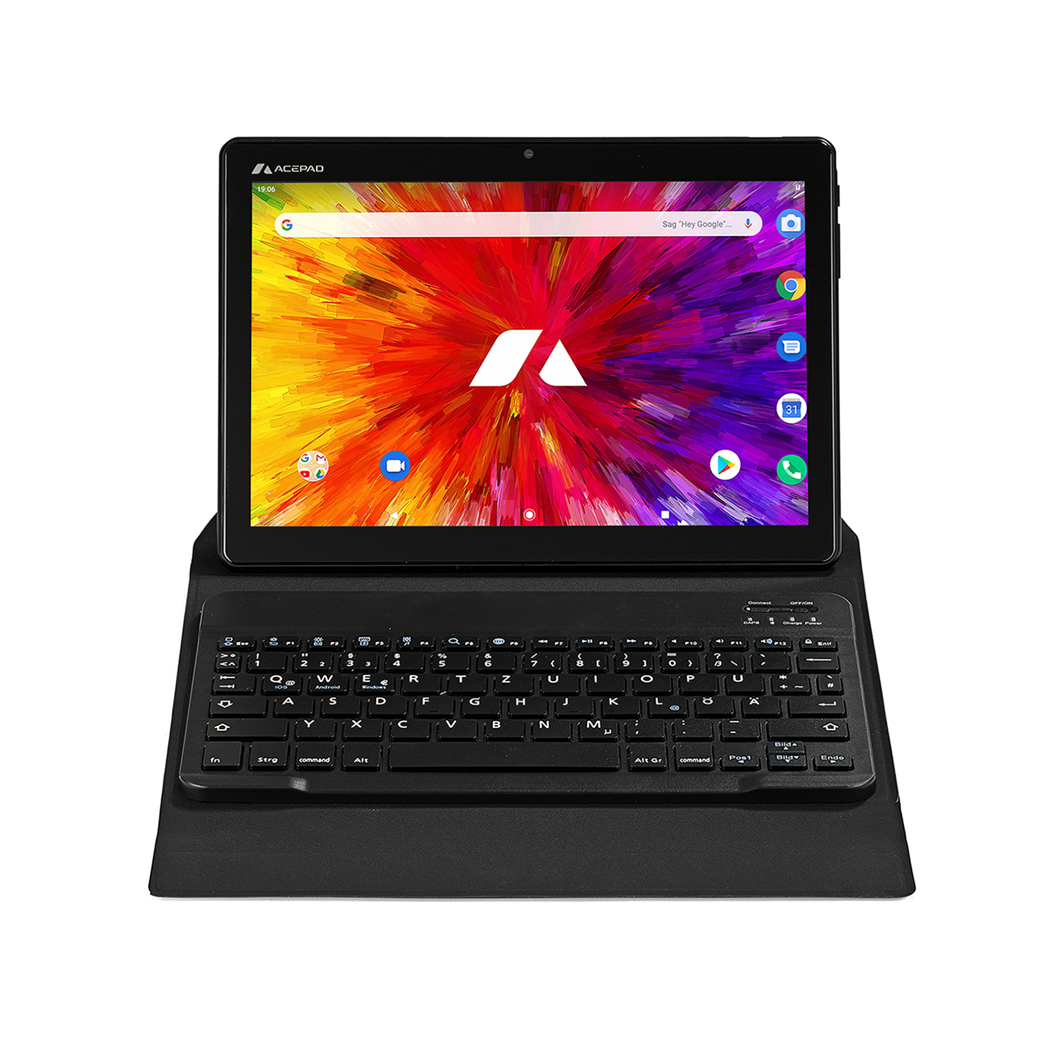 Tablet mit Tastatur. Tablet ist schwarz und hat ein weißes Logo. Die Tastatur ist schwarz.
