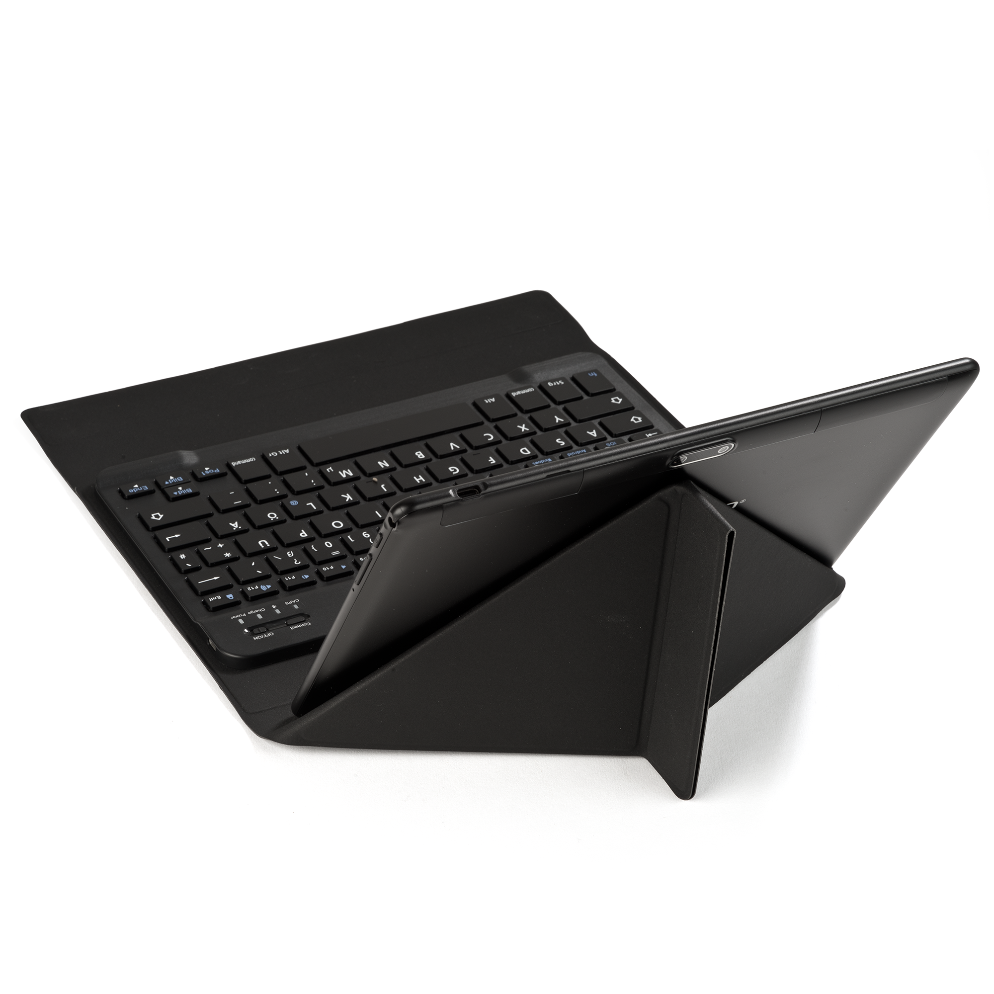 Schwarzes Tablet in einem Gehäuse mit Tastatur. Das Tablet ist zur Ansicht aufgestellt.