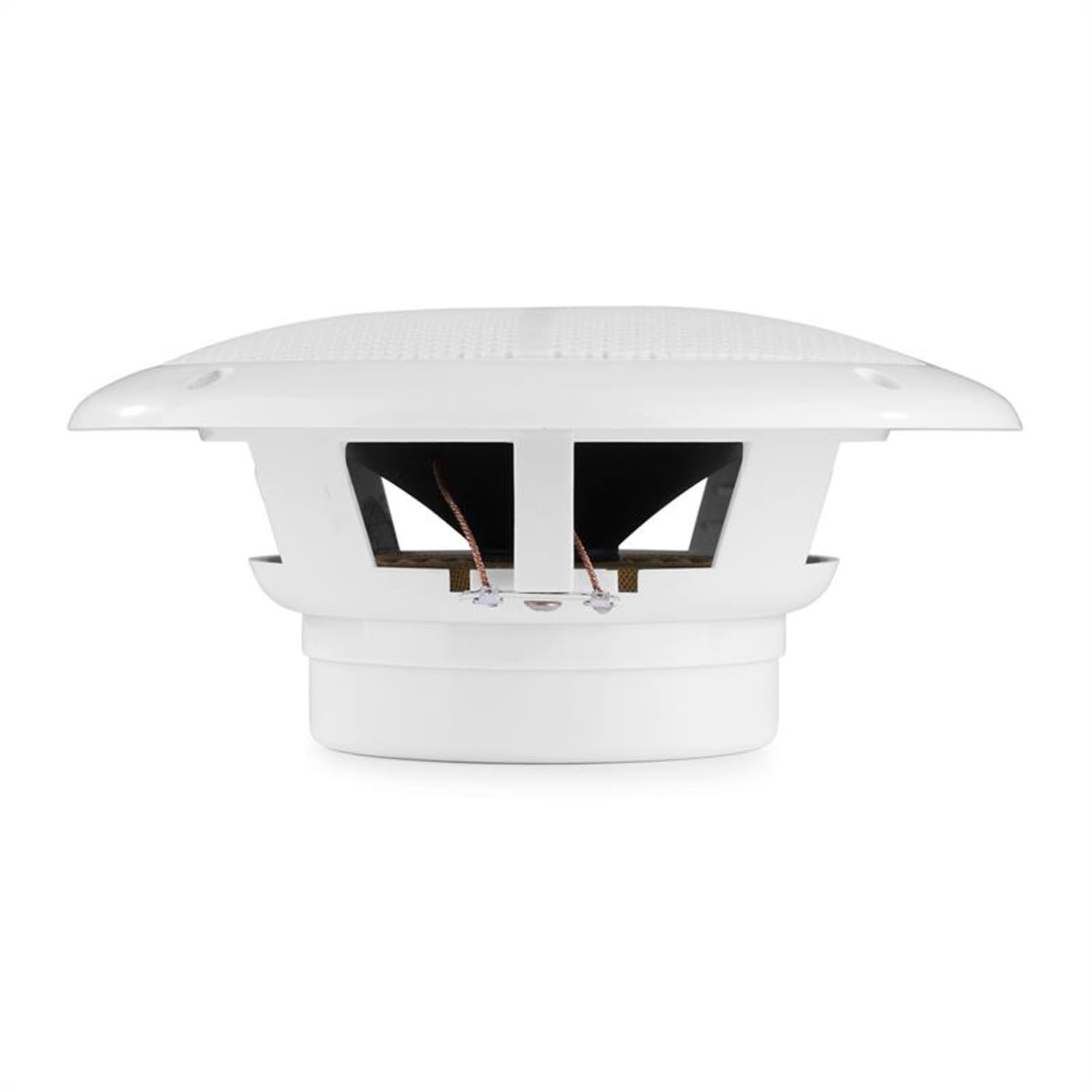 Un altavoz blanco, circular, con un diseño similar a una rejilla. Tiene un interior abierto que muestra cables.