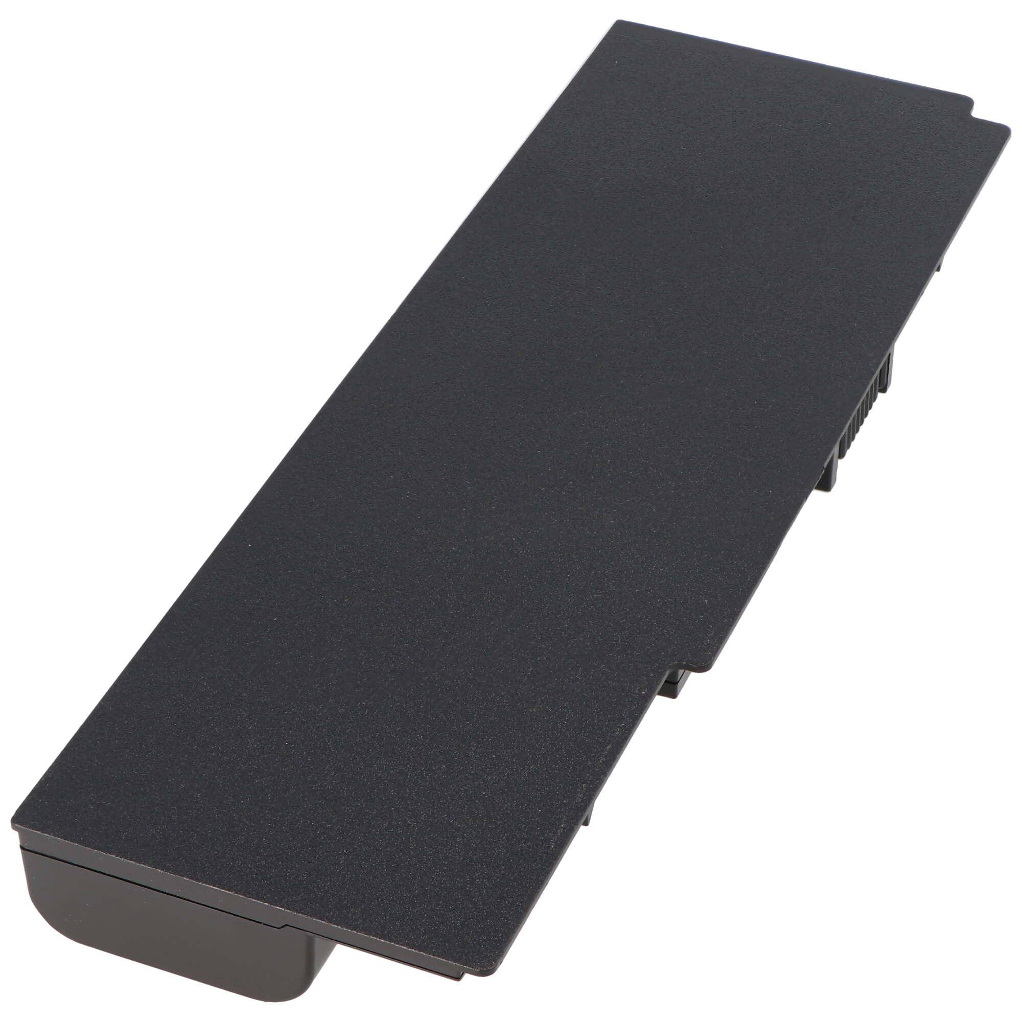 Schwarze Batterie mit flacher Oberseite und Anschluss an einem Ende. Rechteckig.