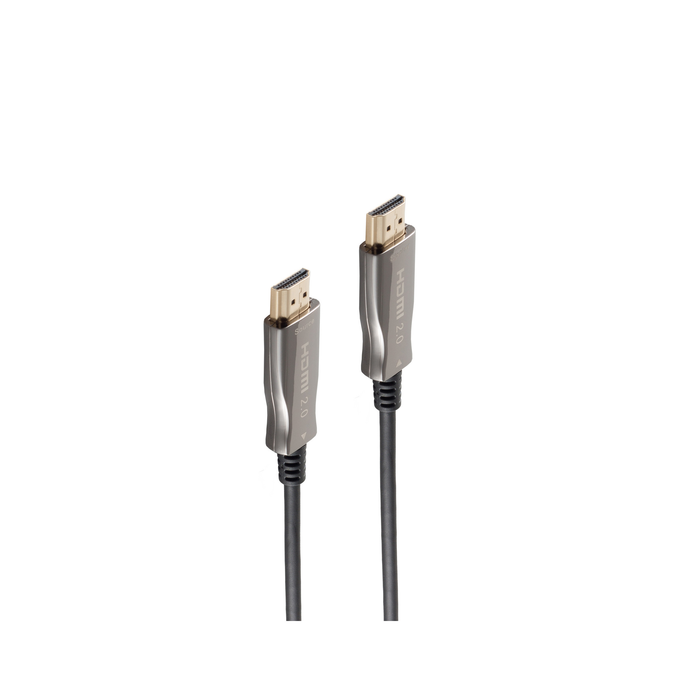Zwei HDMI 2.0 Kabel, silberne Stecker, schwarzes Kabel, auf weißem Hintergrund.