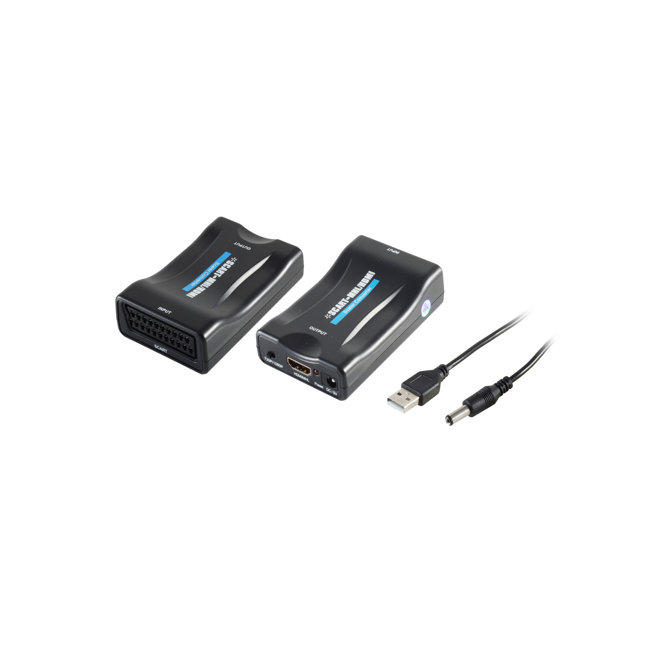 Zwei schwarze SCART-zu-HDMI-Konverter mit Kabeln und Anschlüssen.