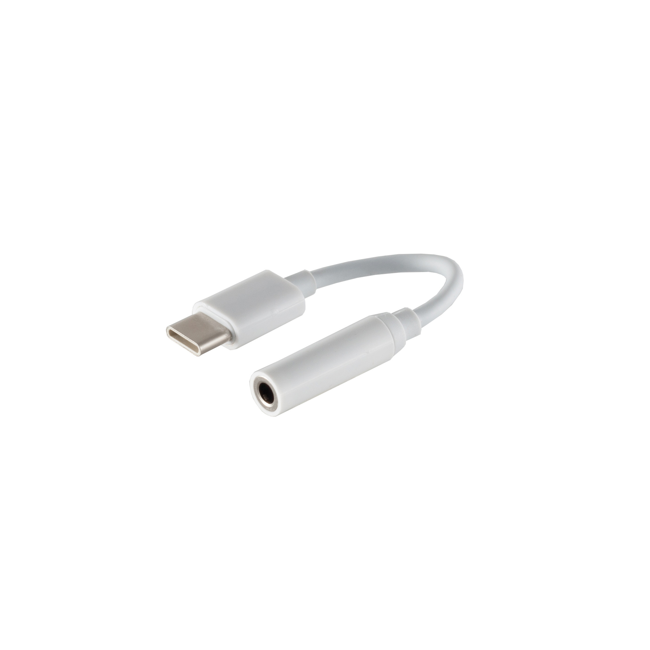 Un adattatore audio da USB-C a 3,5 mm bianco, su sfondo bianco.