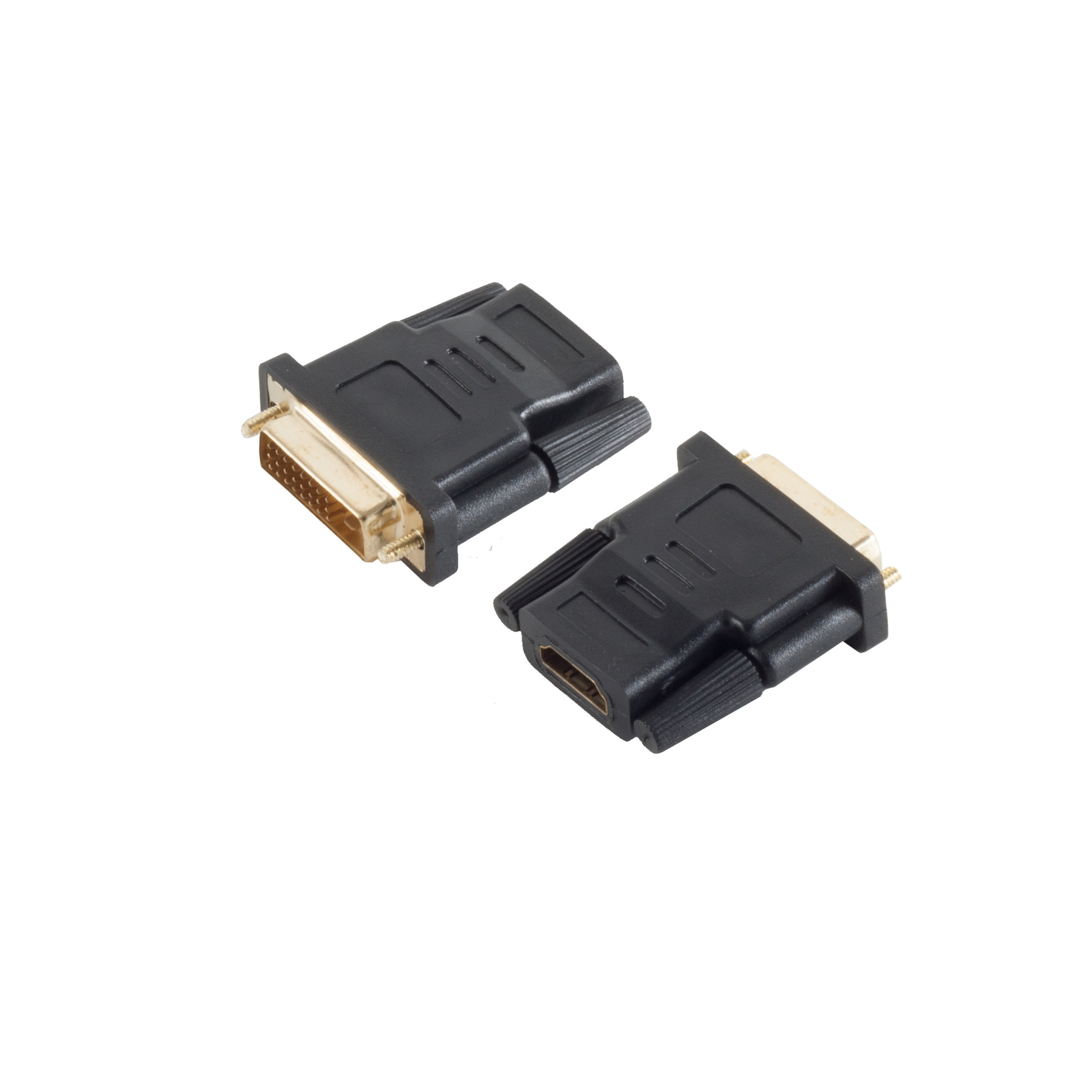 Zwei schwarze HDMI- und DVI-Adapter. Einer hat einen DVI- und der andere einen HDMI-Anschluss.