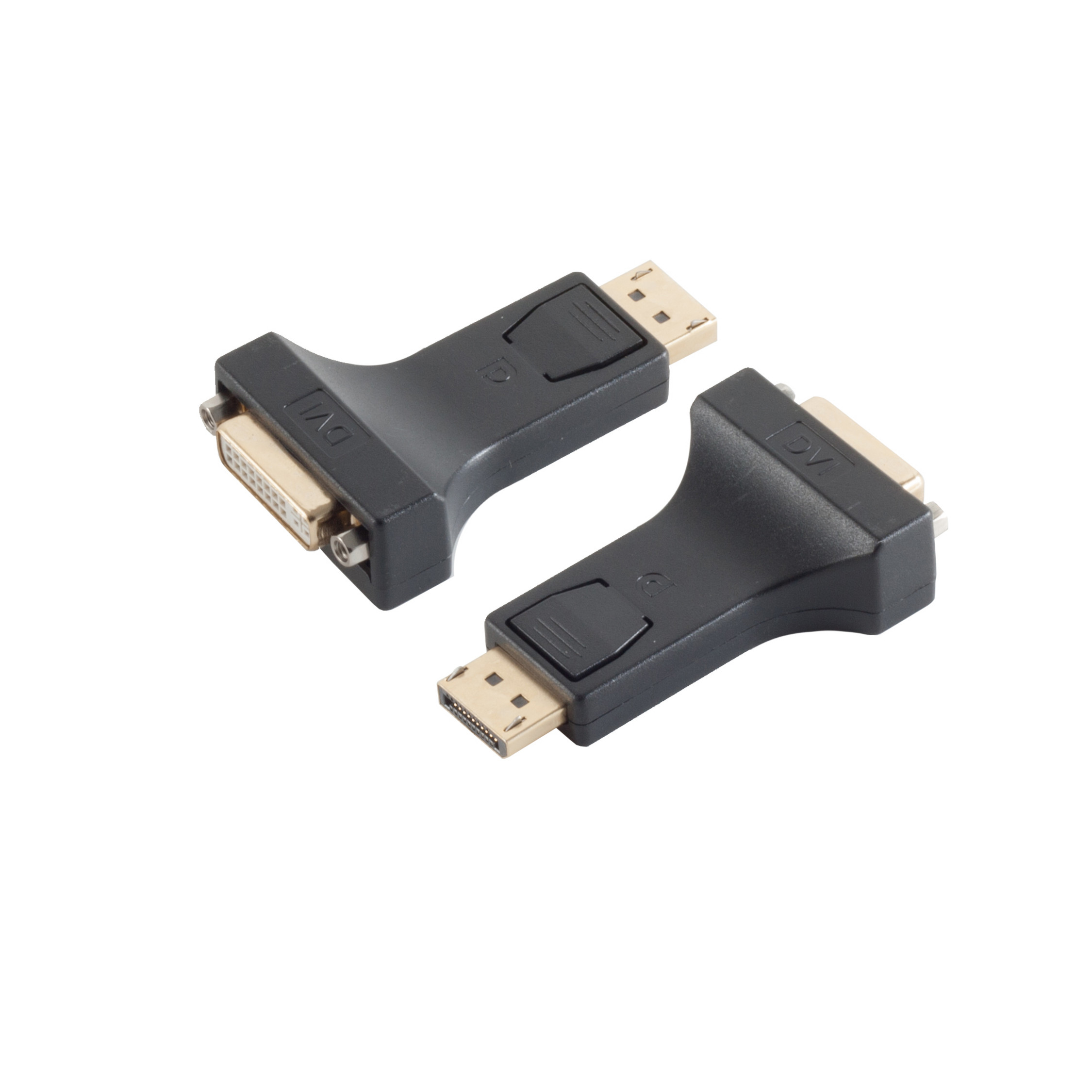 Zwei schwarze DVI-zu-DisplayPort-Adapter. Sie liegen nebeneinander und haben goldfarbene Anschlüsse.