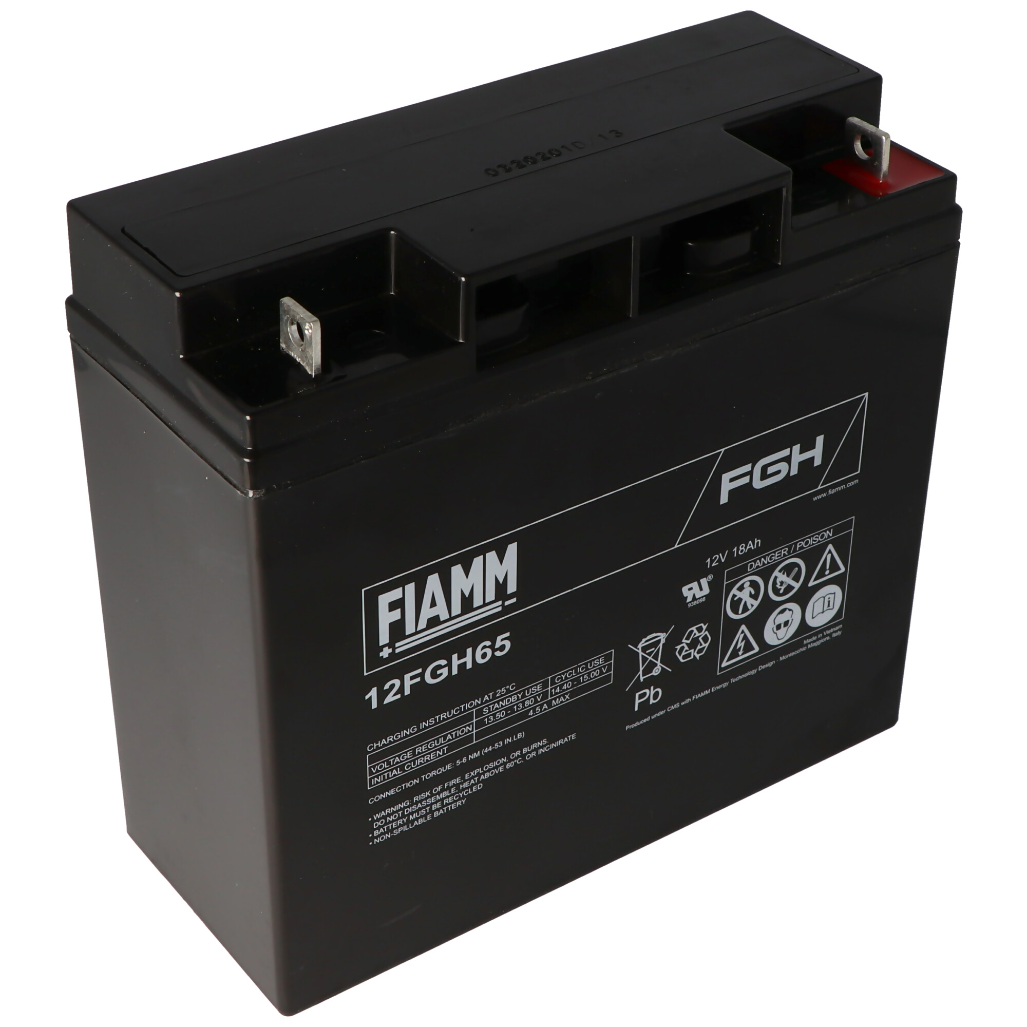 Black battery with labels. Contains warnings and specifications. White background.