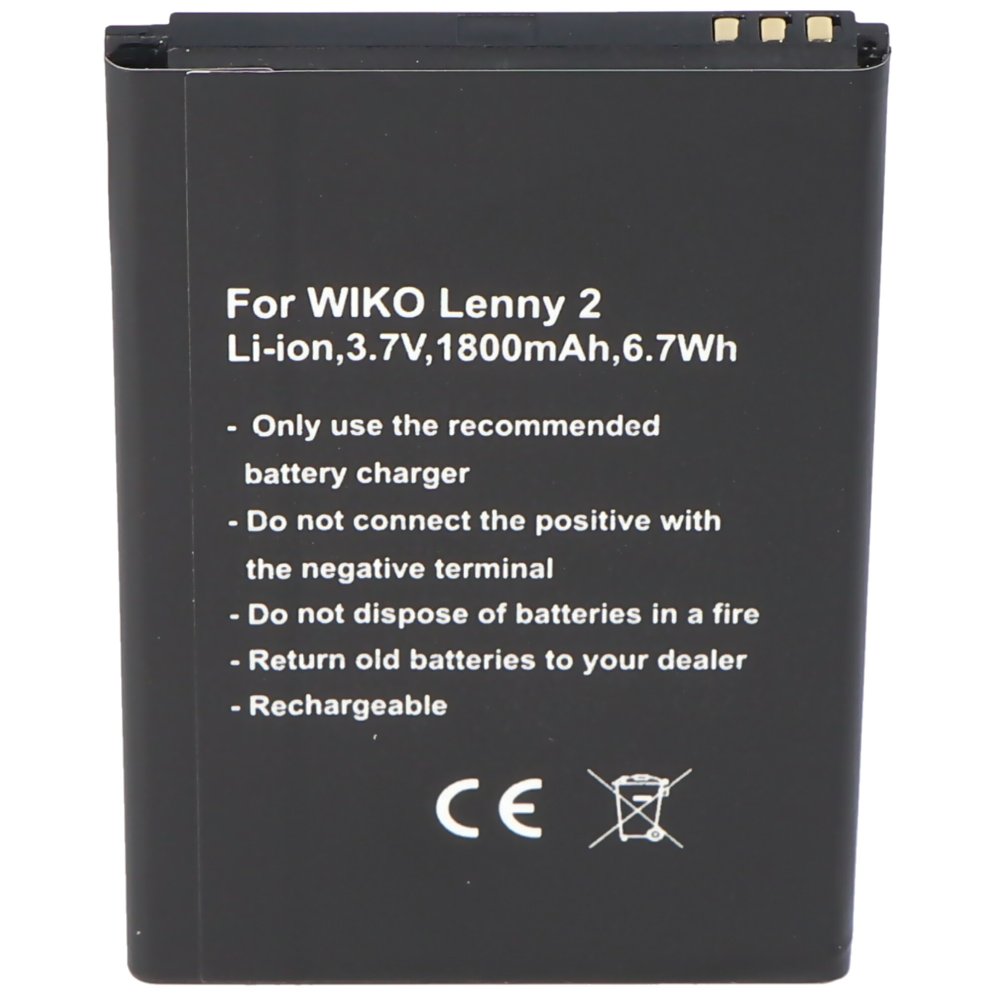 Schwarzer Akku für WIKO Lenny 2, Li-ion, 3.7V, 1800mAh, 6.7Wh.