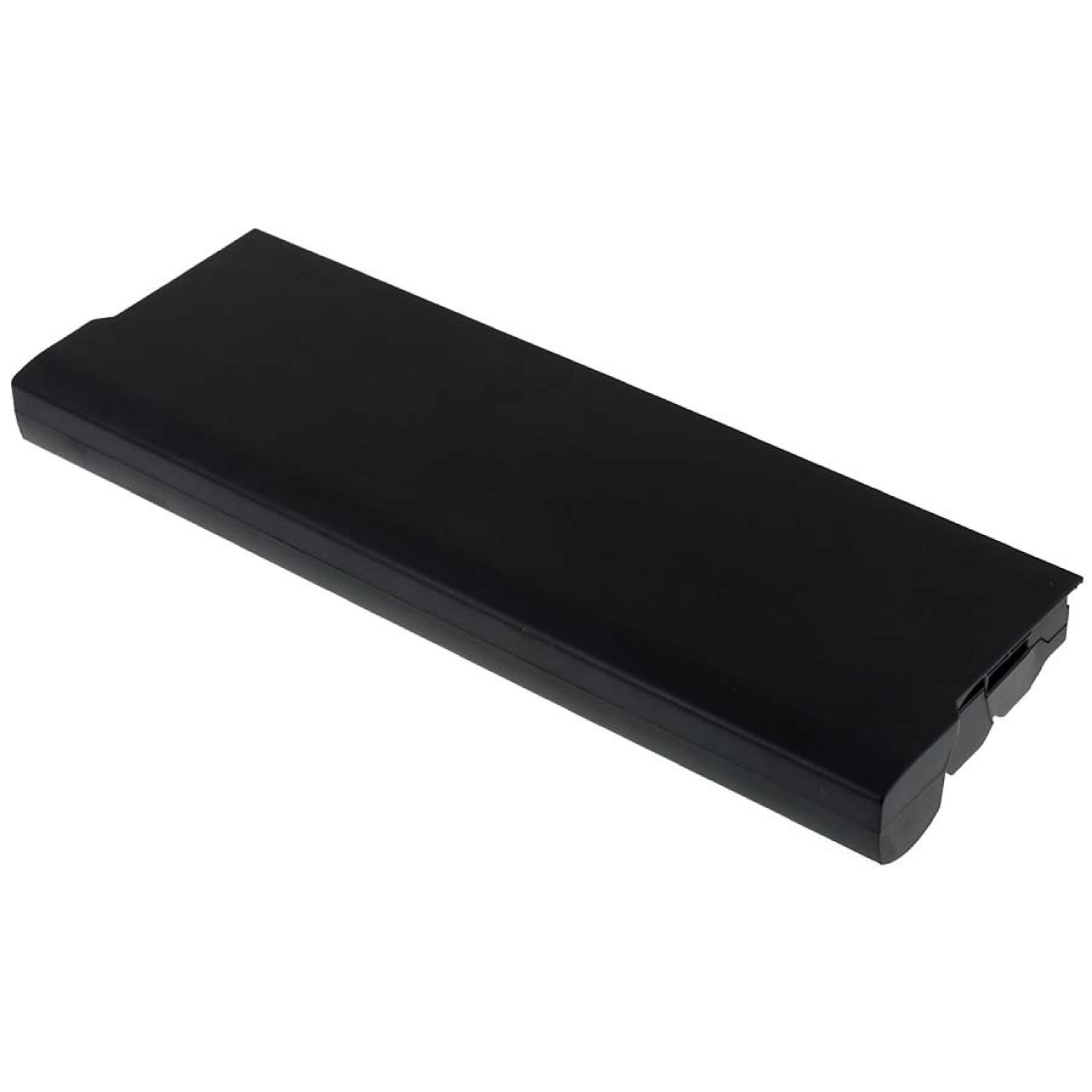 Una batería de portátil negra y rectangular. Es un objeto sólido y plano.
