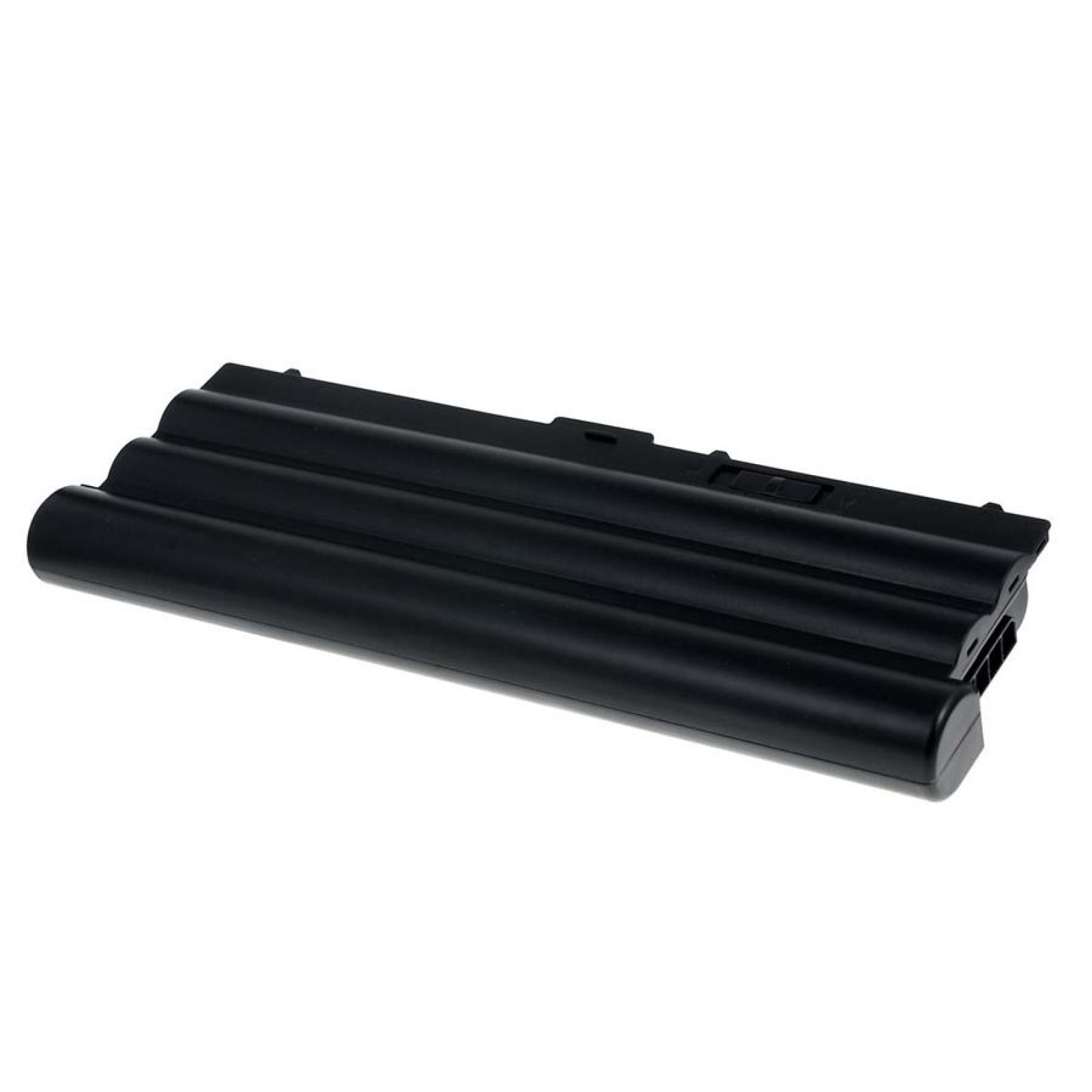 Una batería negra para portátil contra un fondo blanco.