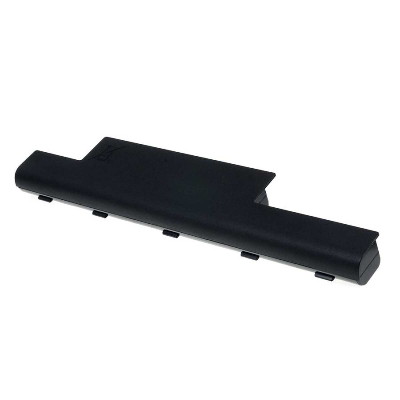 Batería rectangular negra. Es una pieza larga y plana con una muesca en un extremo y varios puntos.
