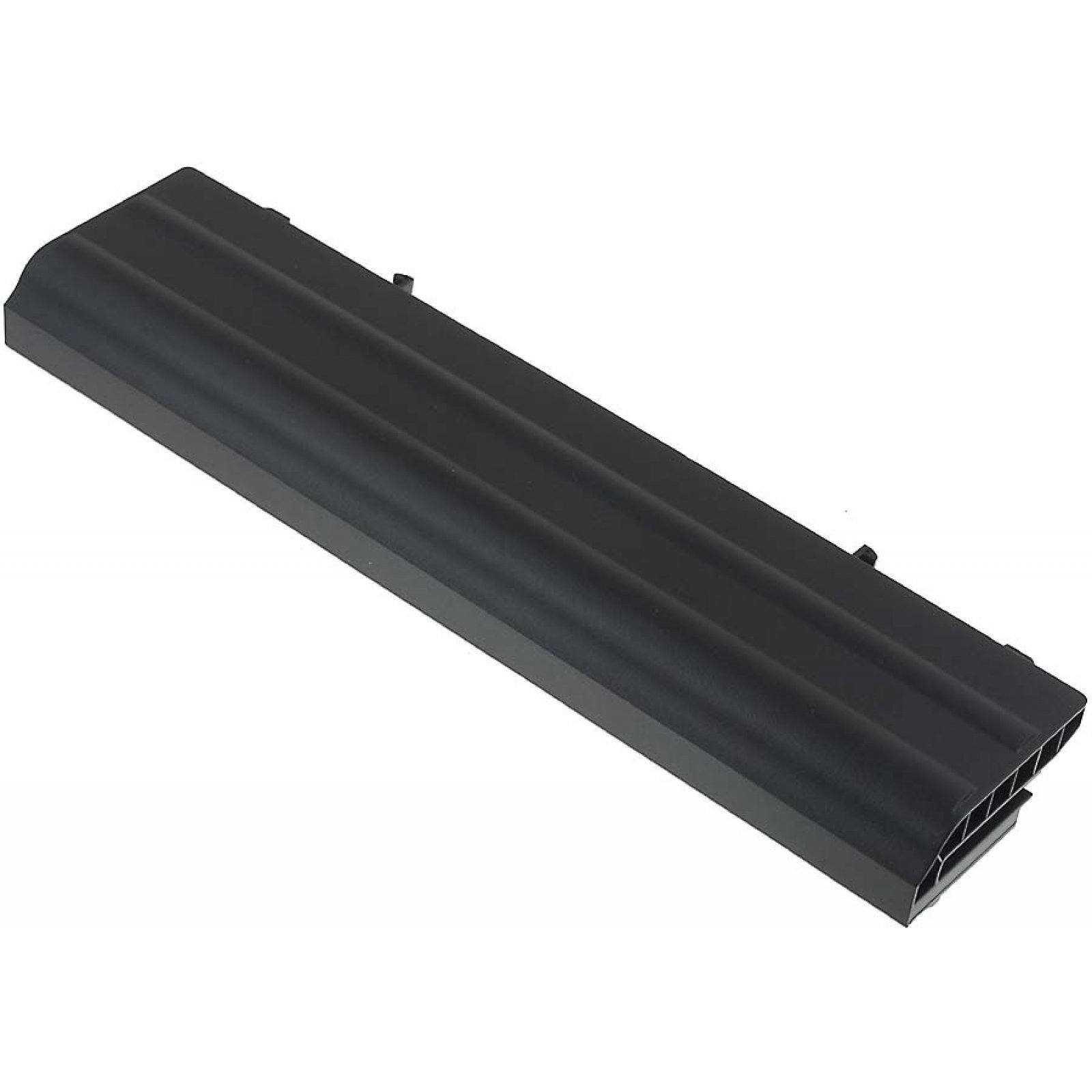 Batería de portátil negra. Rectangular, con una serie de ranuras verticales en un extremo.