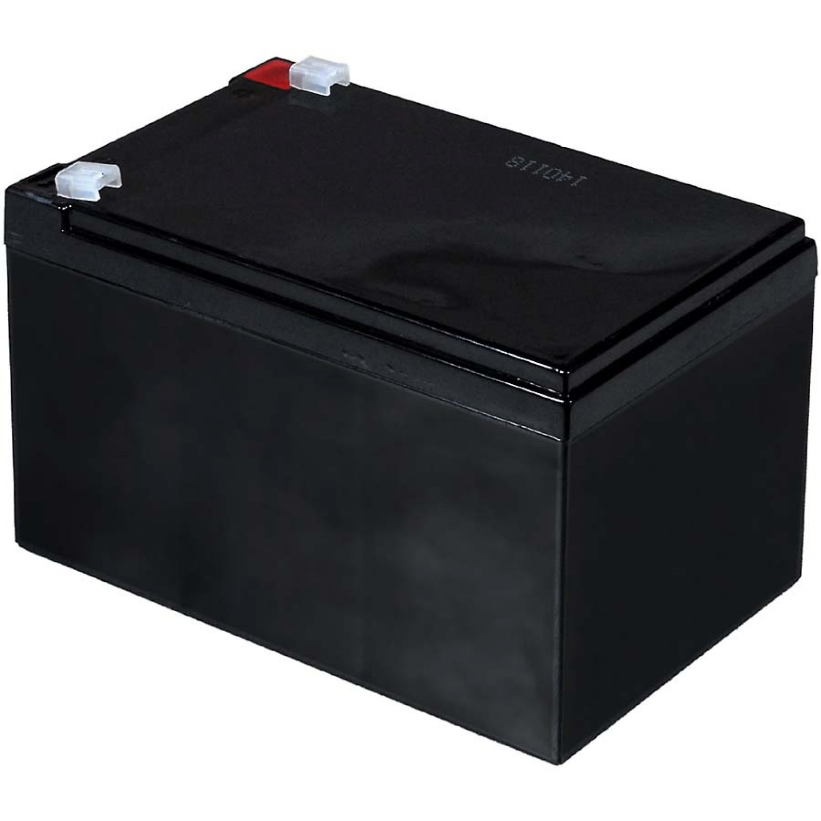 Una batería rectangular negra. Tiene dos conectores blancos en la parte superior. La batería es oscura.