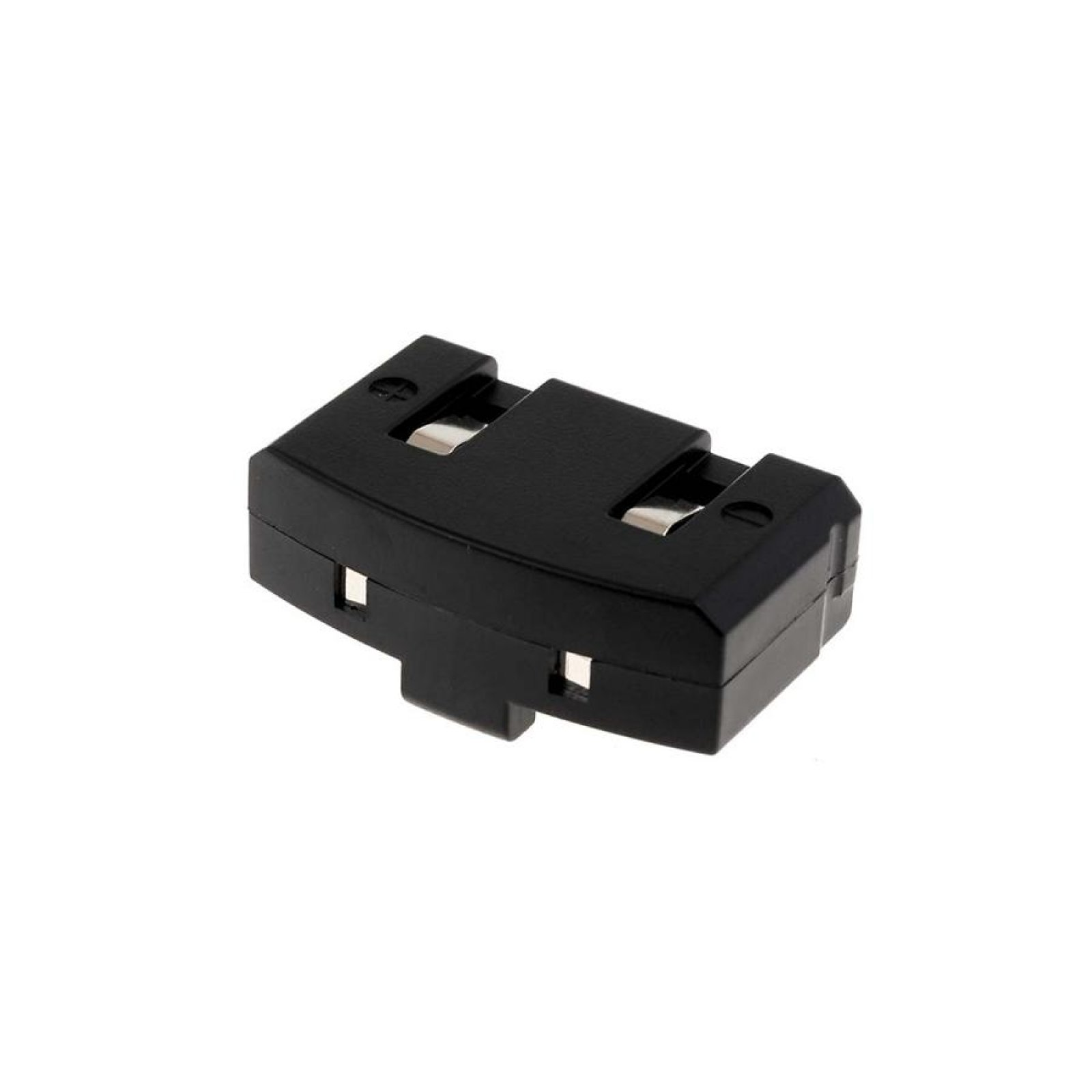 Conector electrónico de plástico negro con dos pines metálicos.